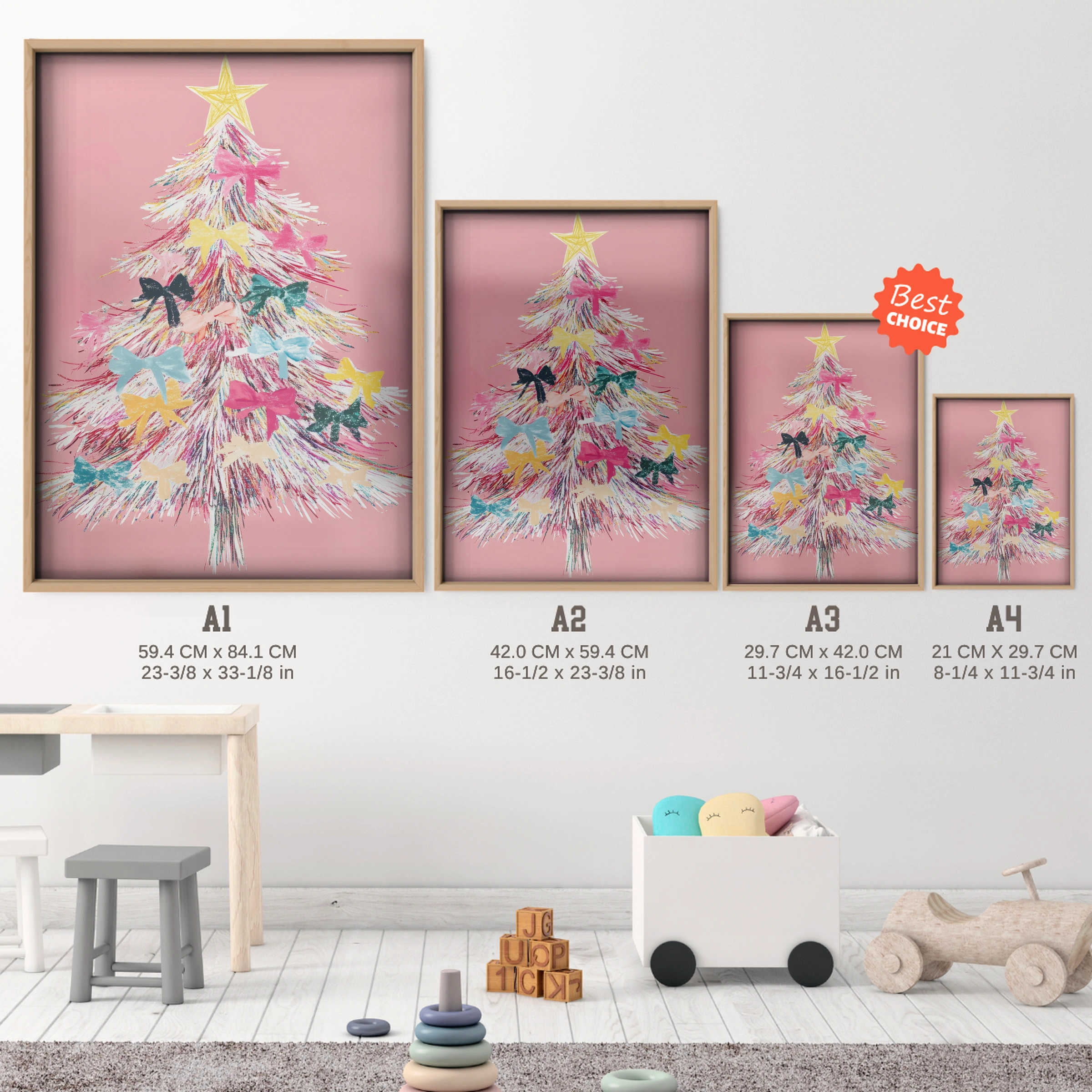 Pink Christmas Tree Print - size guide A4 A3 A2 A1 nursery print