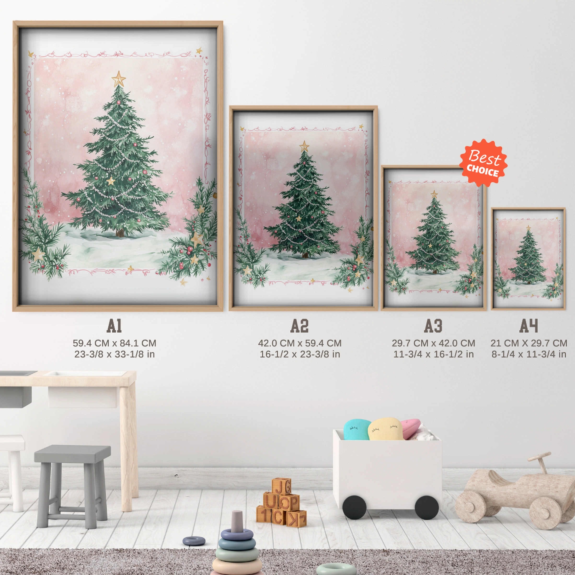 Pink Christmas Tree Two Print - size guide A4 A3 A2 A1 nursery print