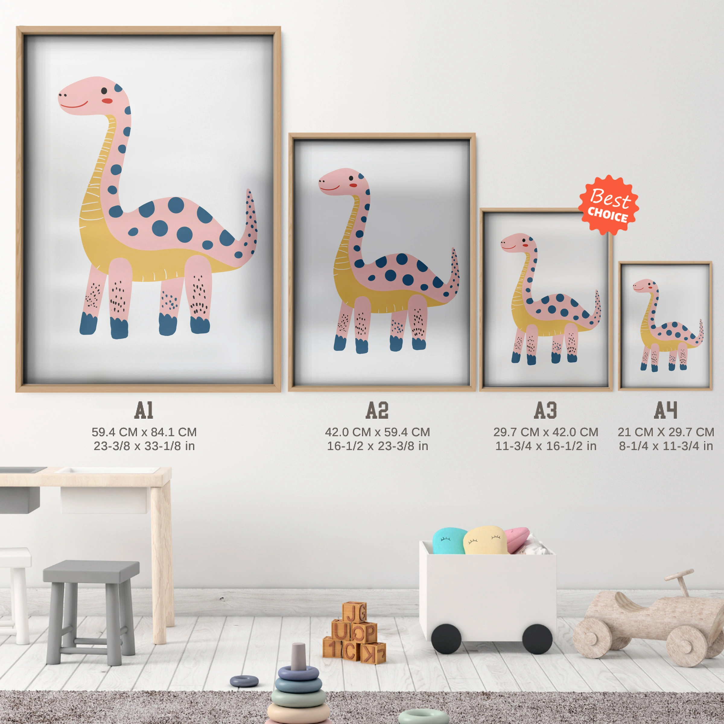 Pink Dino Nursery Print - size guide A4 A3 A2 A1 nursery print