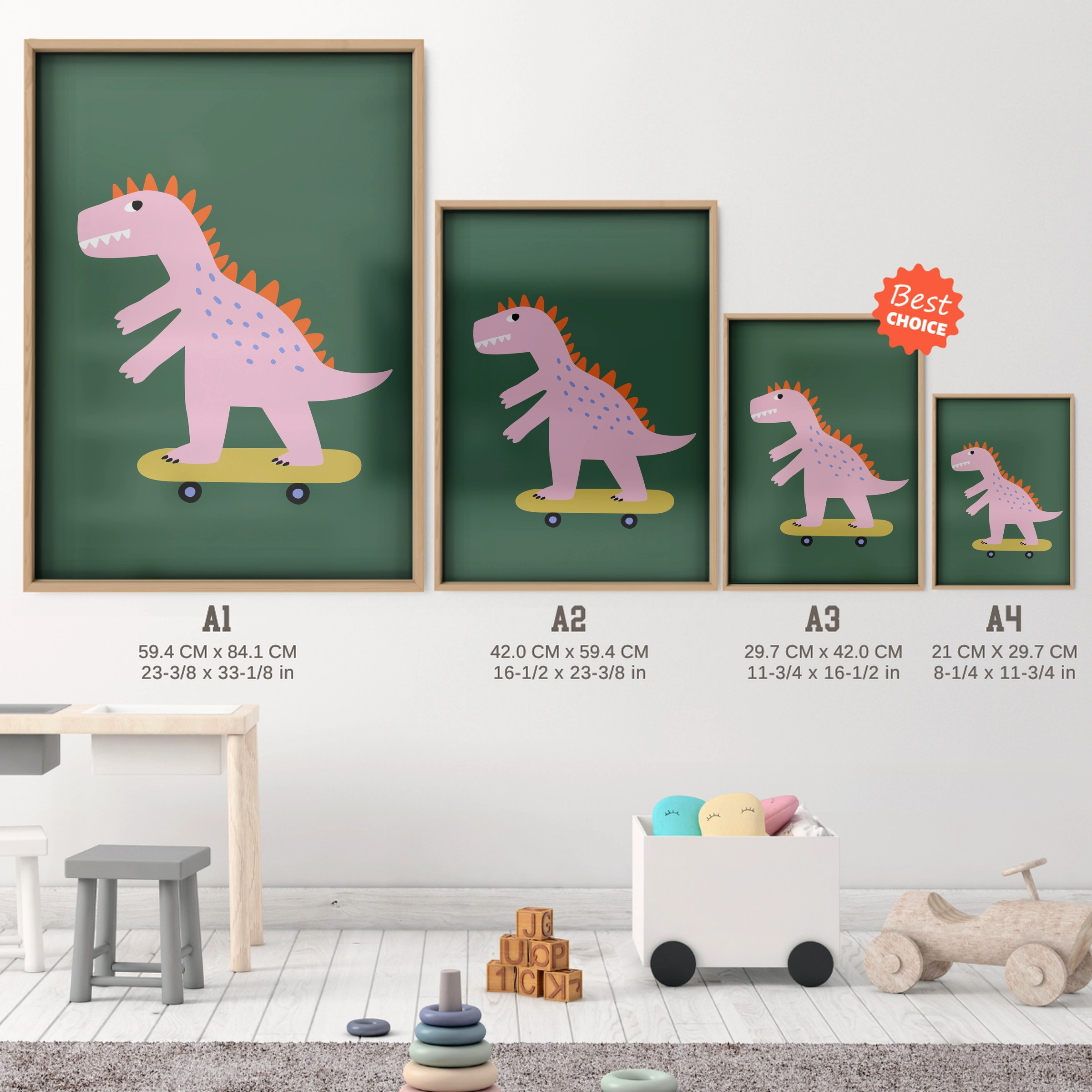 Pink Dinosaur Nursery Print - size guide A4 A3 A2 A1 nursery print