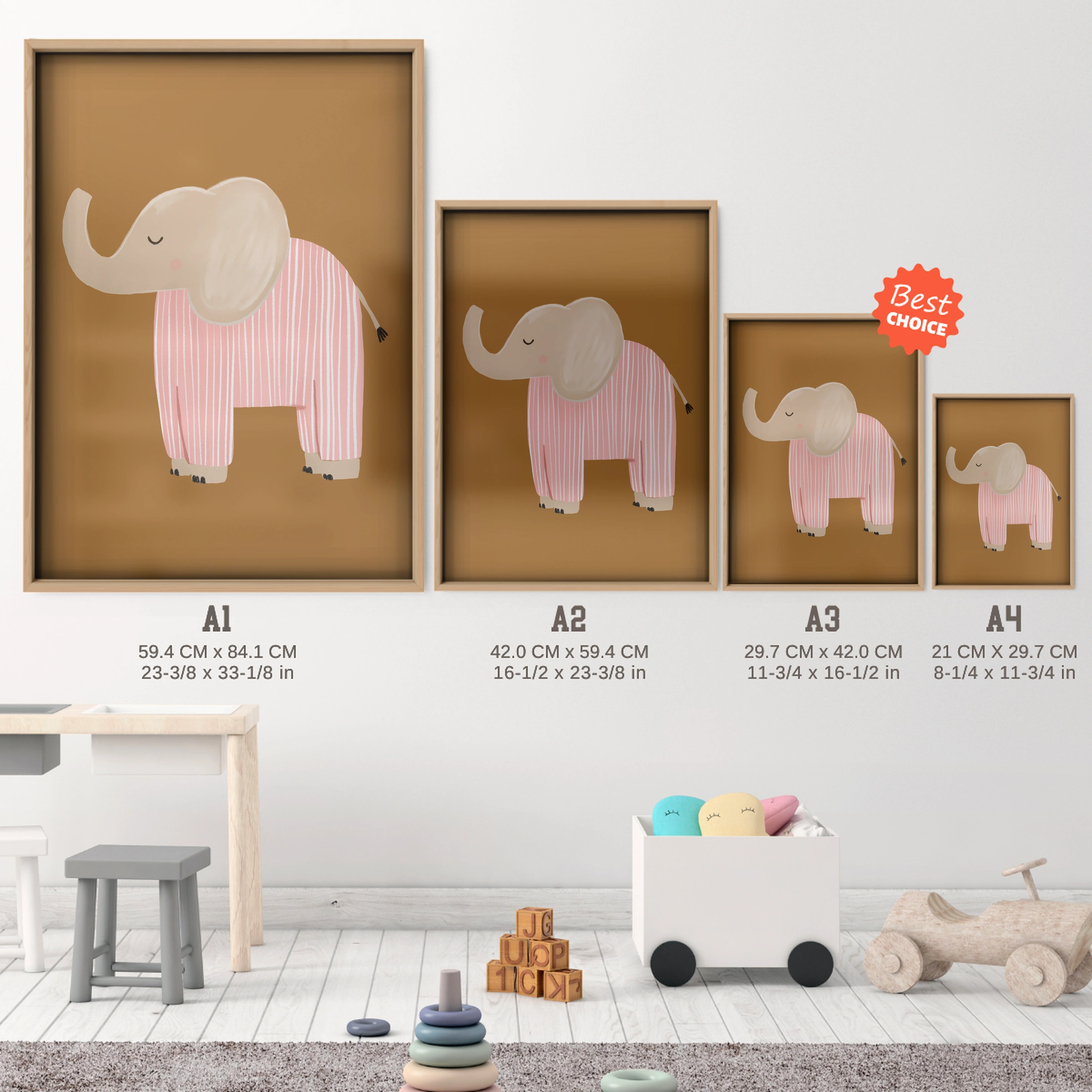 Pink Elephant Nursery Print - size guide A4 A3 A2 A1 nursery print