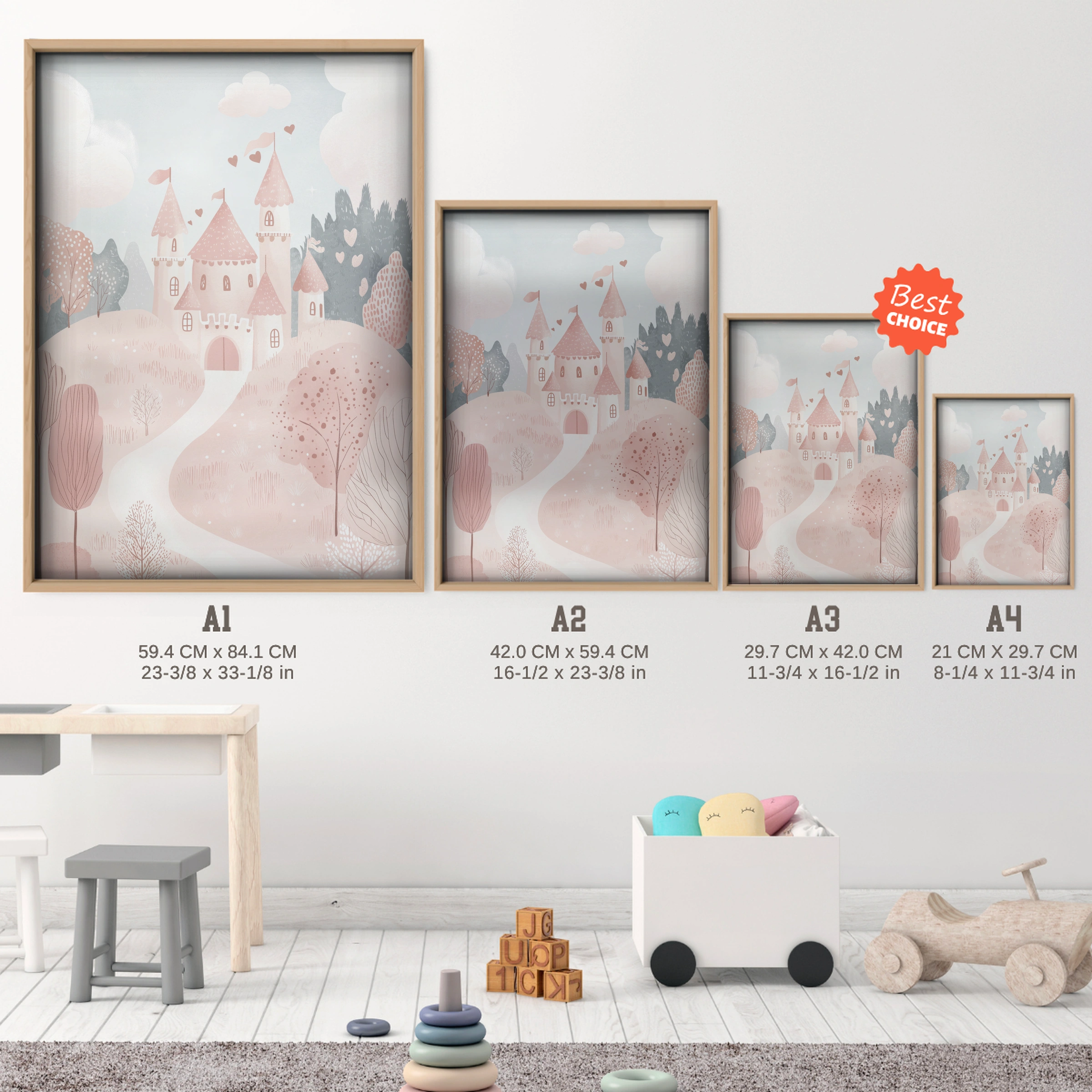 Pink Fairytale Castle Nursery Print - size guide A4 A3 A2 A1 nursery print