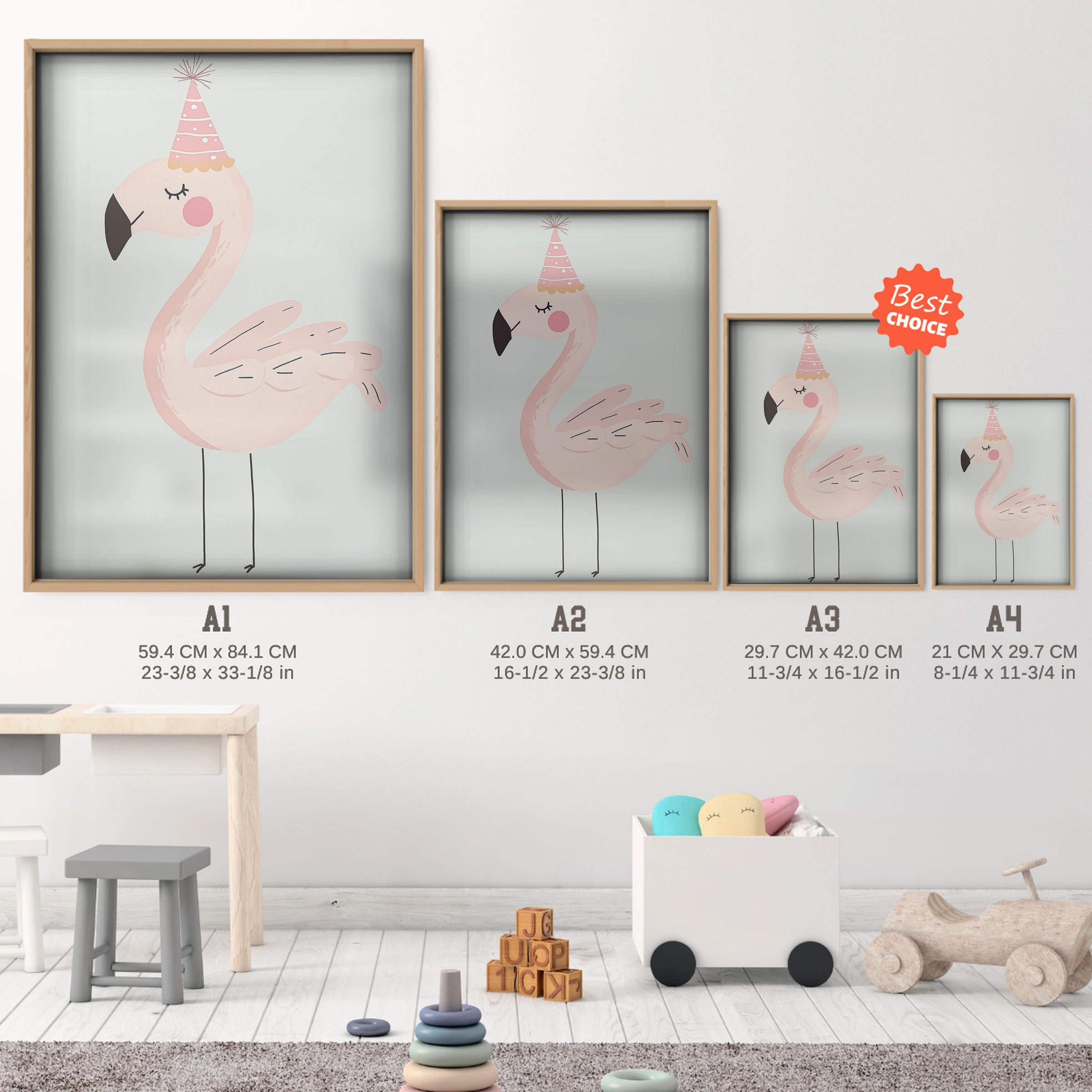 Pink Flamingo Nursery Print - size guide A4 A3 A2 A1 nursery print