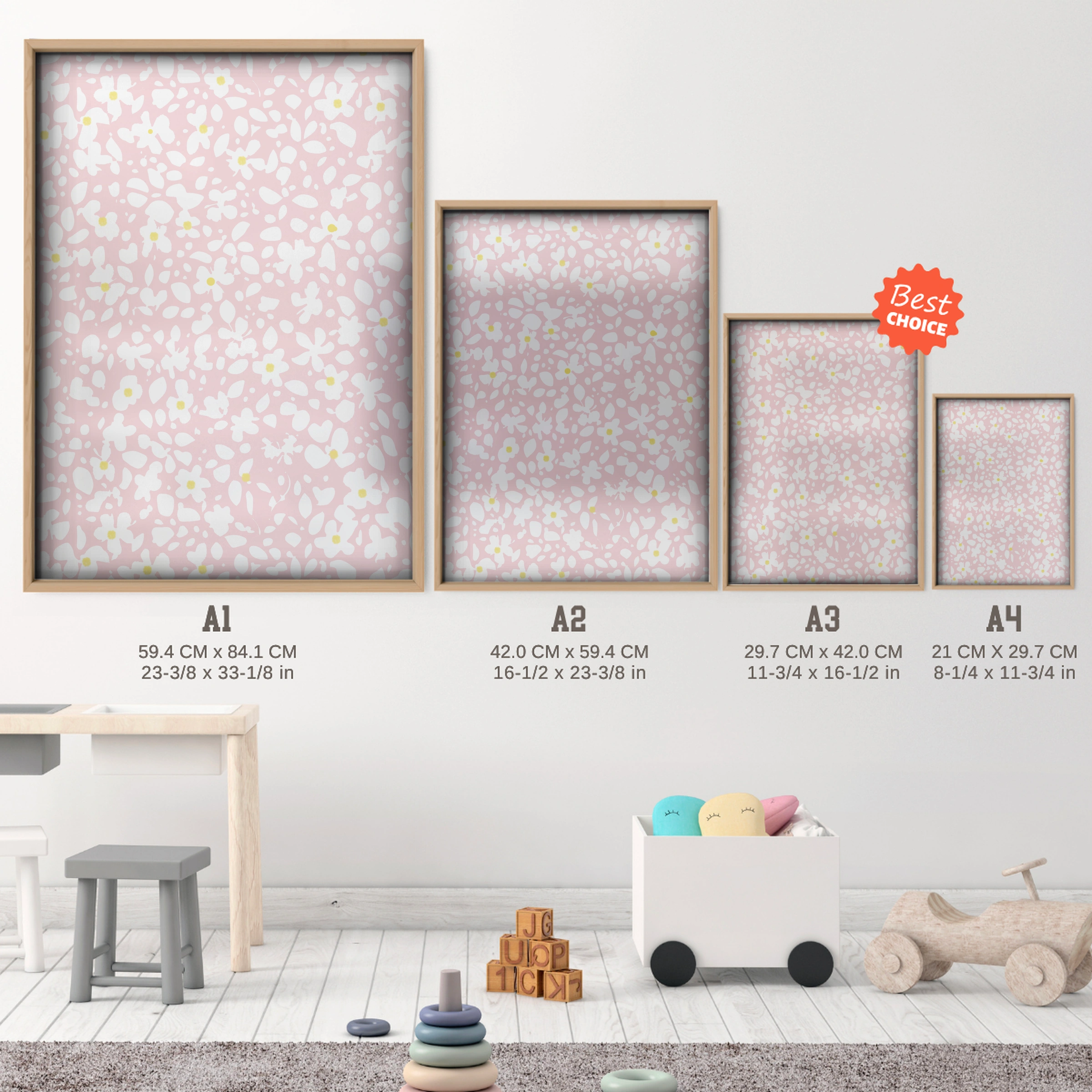 Pink Floral Nursery Print - size guide A4 A3 A2 A1 nursery print