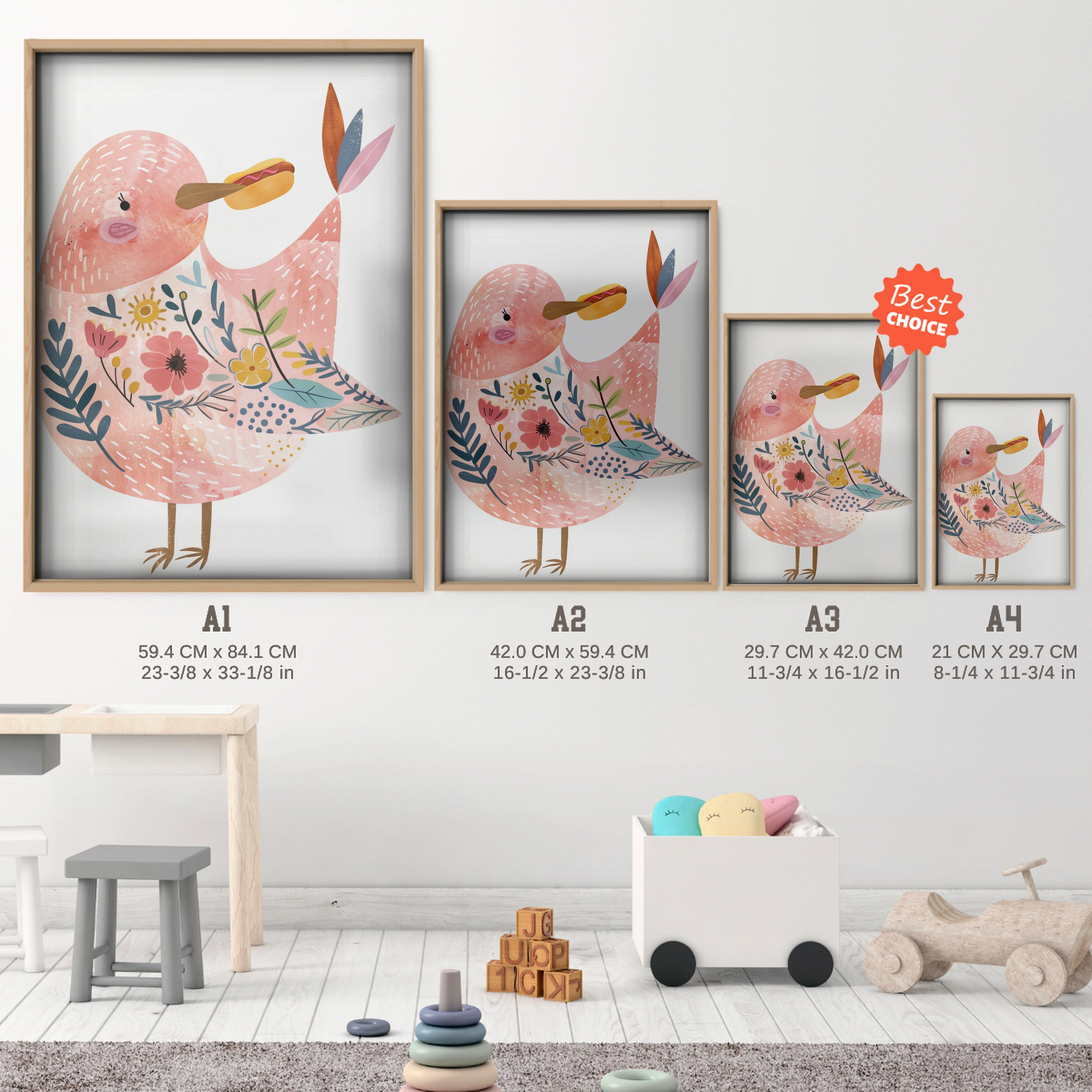 Pink Folk Bird Nursery Print - size guide A4 A3 A2 A1 nursery print