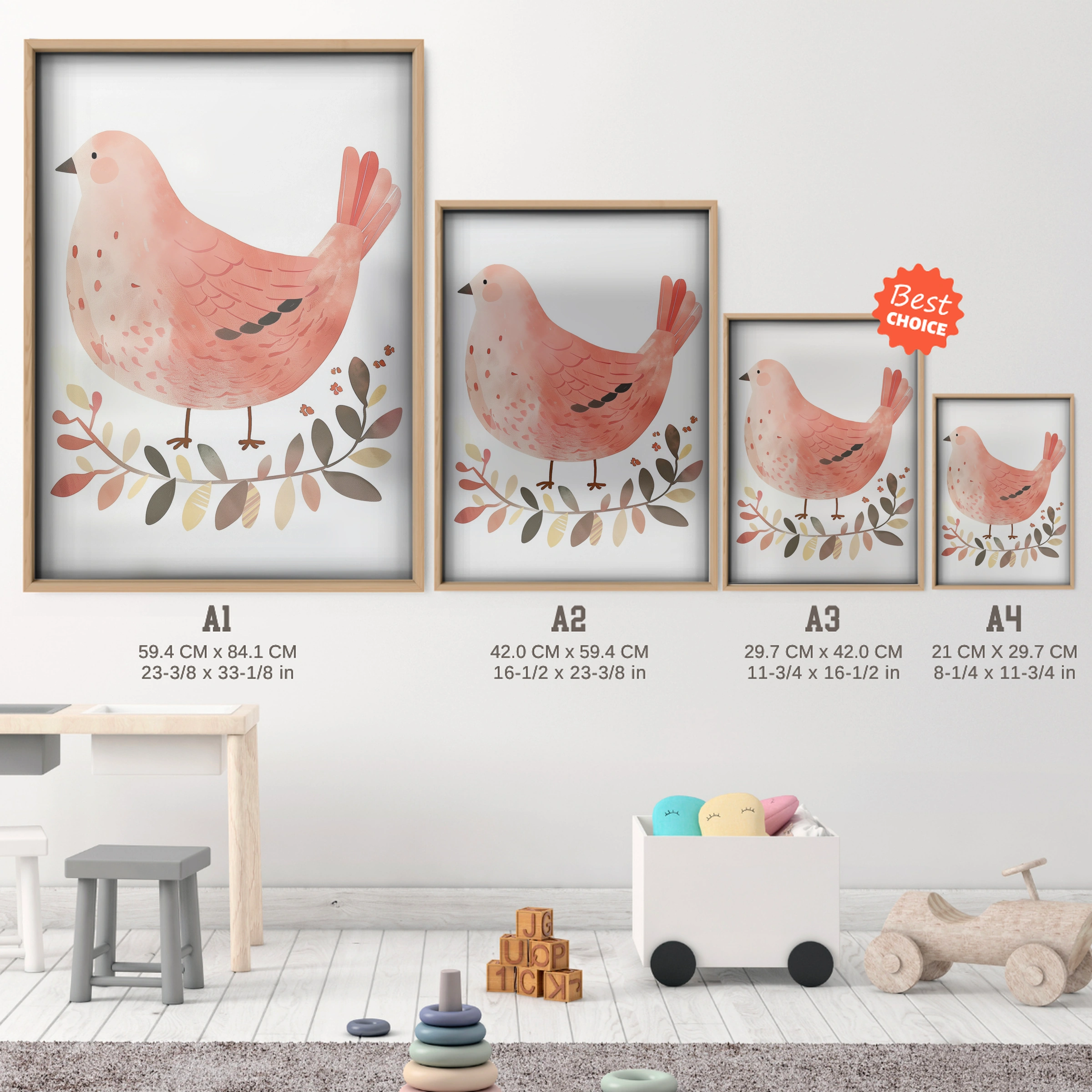 Pink Hen Nursery Print - size guide A4 A3 A2 A1 nursery print