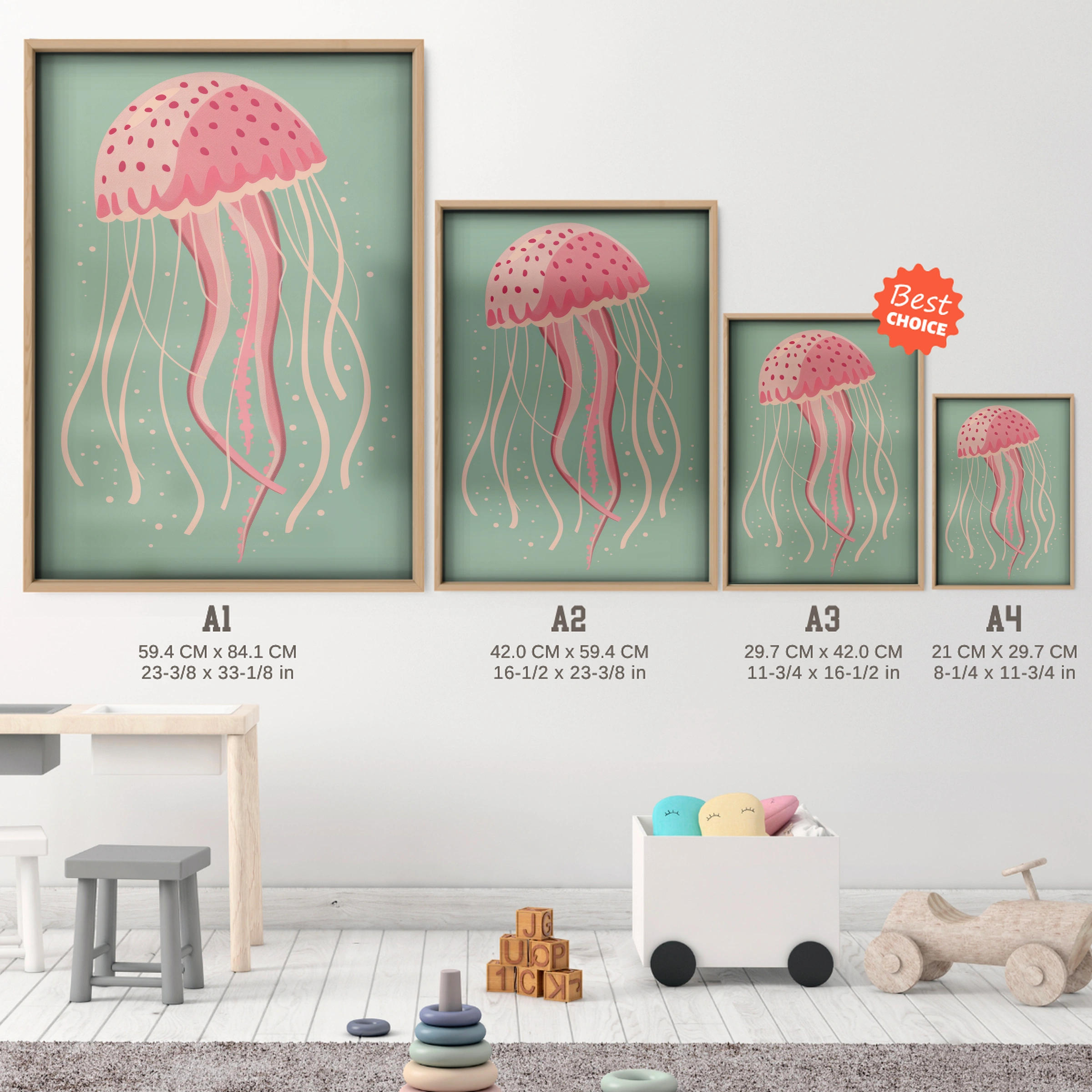 Pink Jellyfish Nursery Print - size guide A4 A3 A2 A1 nursery print