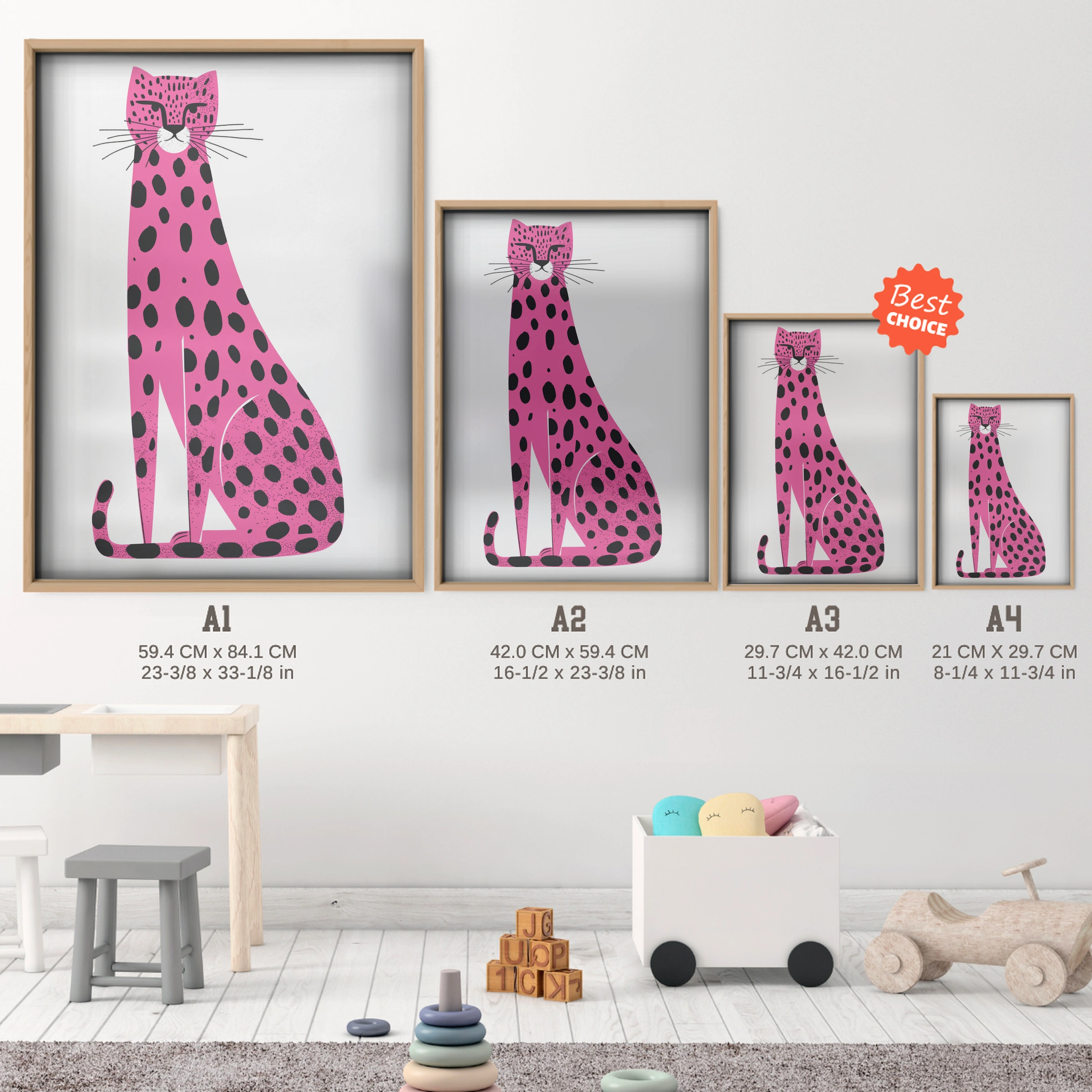 Pink Leopard Nursery Print - size guide A4 A3 A2 A1 nursery print