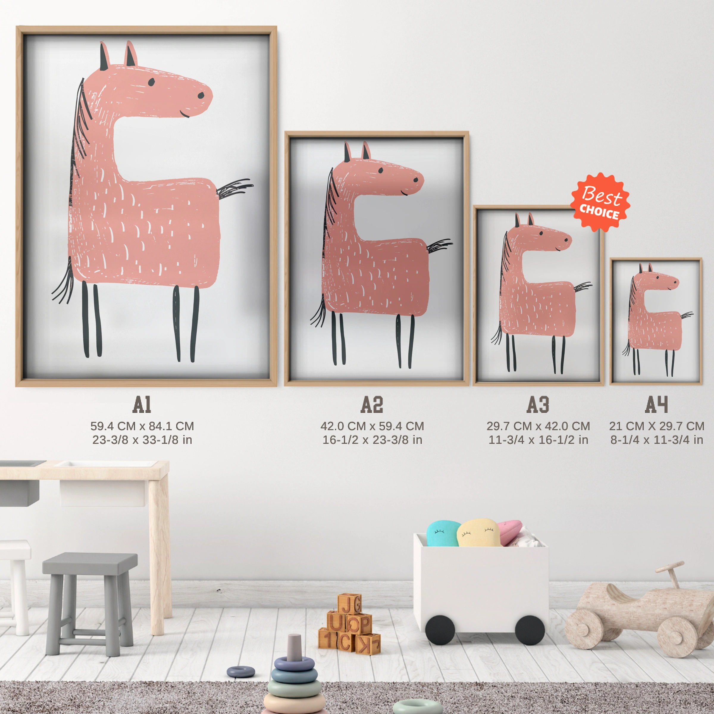 Pink Llama Nursery Print - size guide A4 A3 A2 A1 nursery print