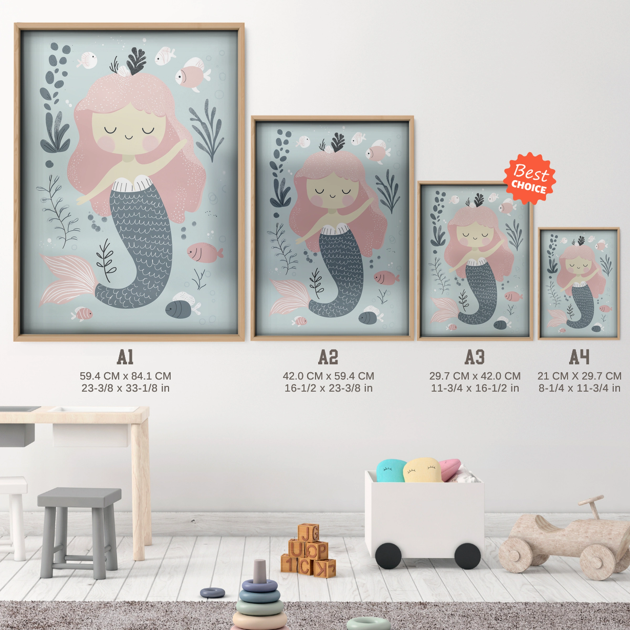 Pink Mermaid Nursery Print - size guide A4 A3 A2 A1 nursery print