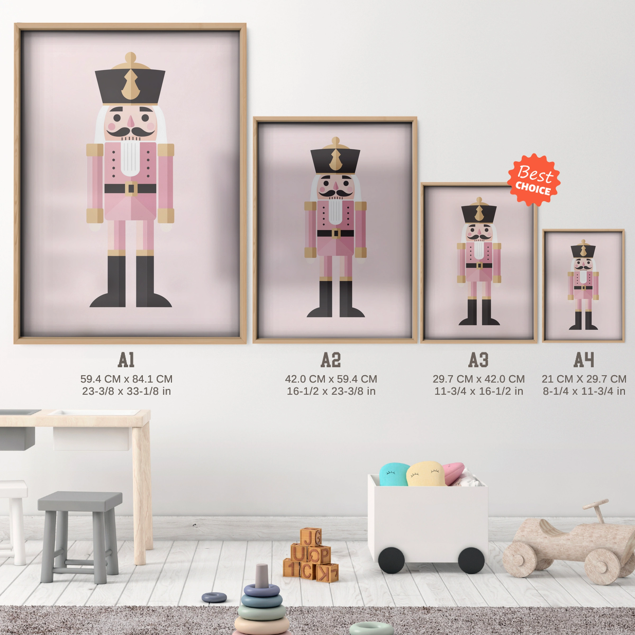 Pink Nutcracker Christmas Print - size guide A4 A3 A2 A1 nursery print