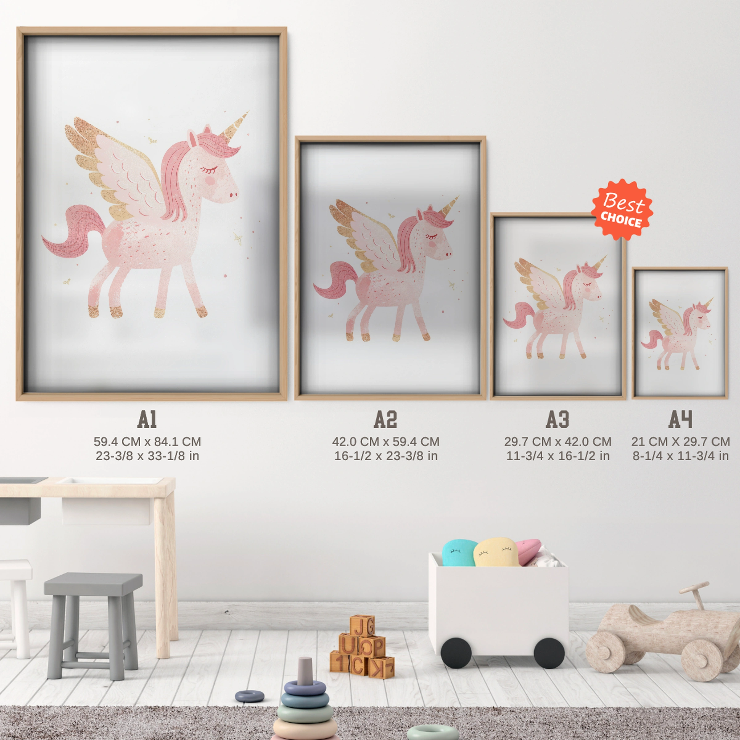 Pink Pegasus Nursery Print - size guide A4 A3 A2 A1 nursery print