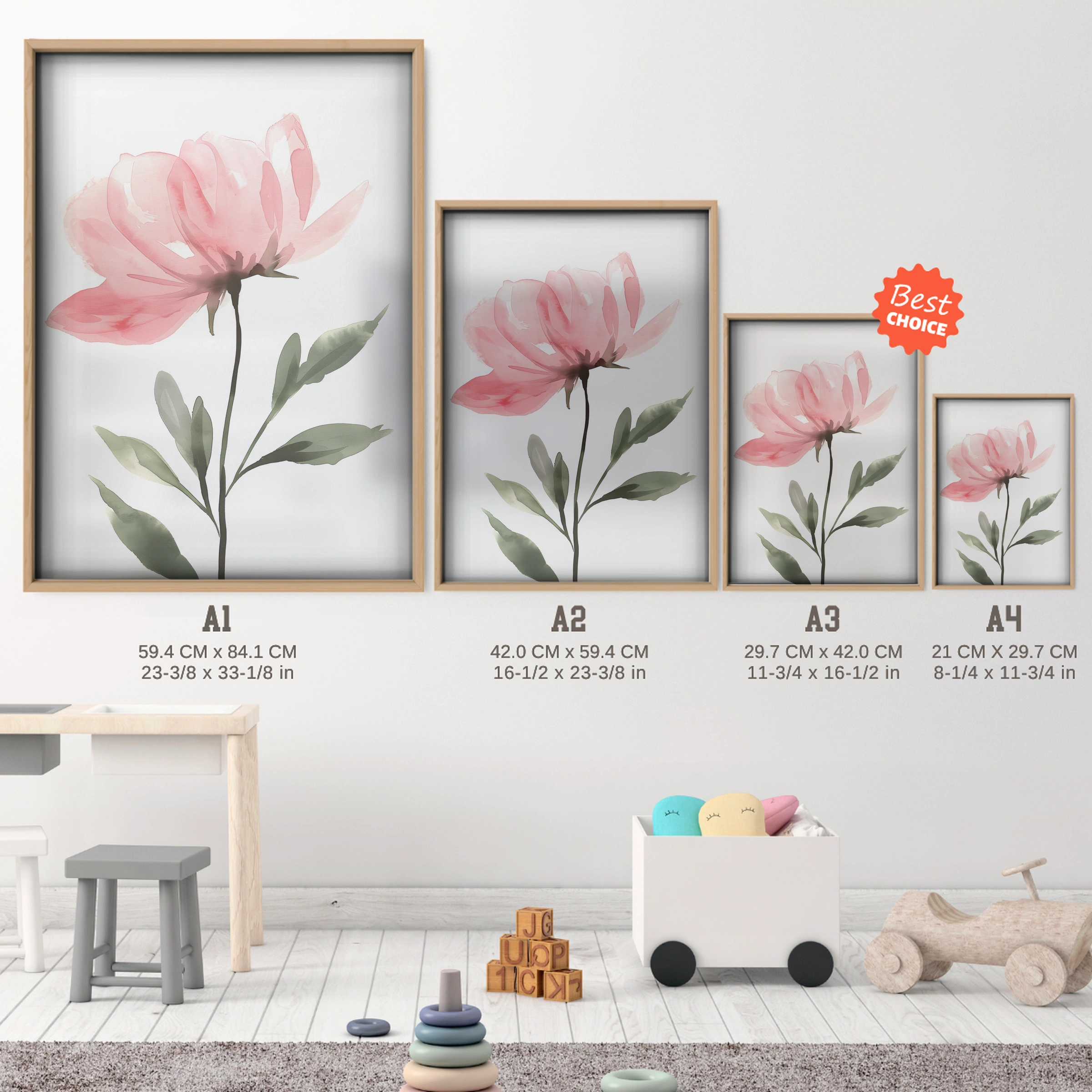Pink Peony Nursery Print - size guide A4 A3 A2 A1 nursery print