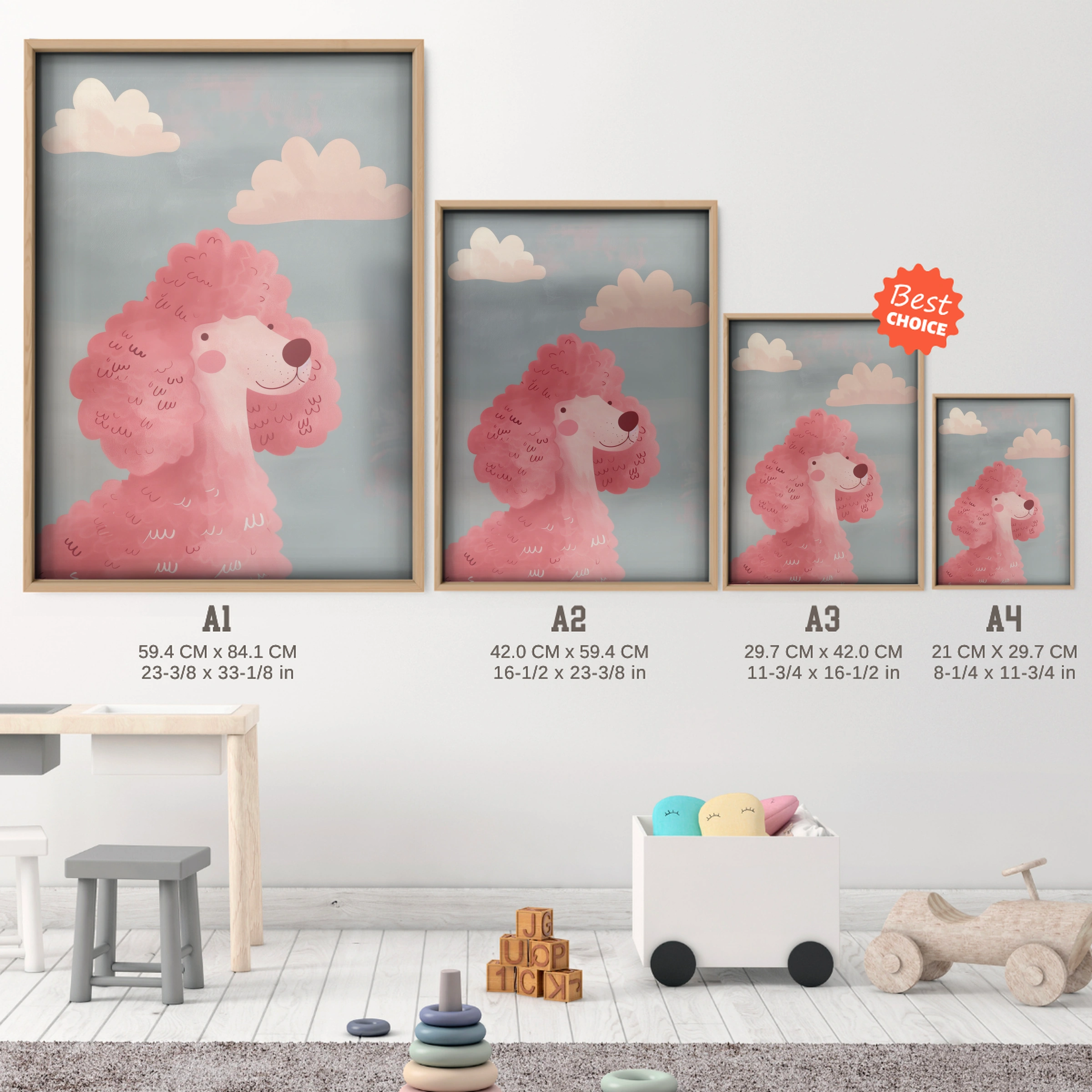 Pink Poodle Nursery Print - size guide A4 A3 A2 A1 nursery print