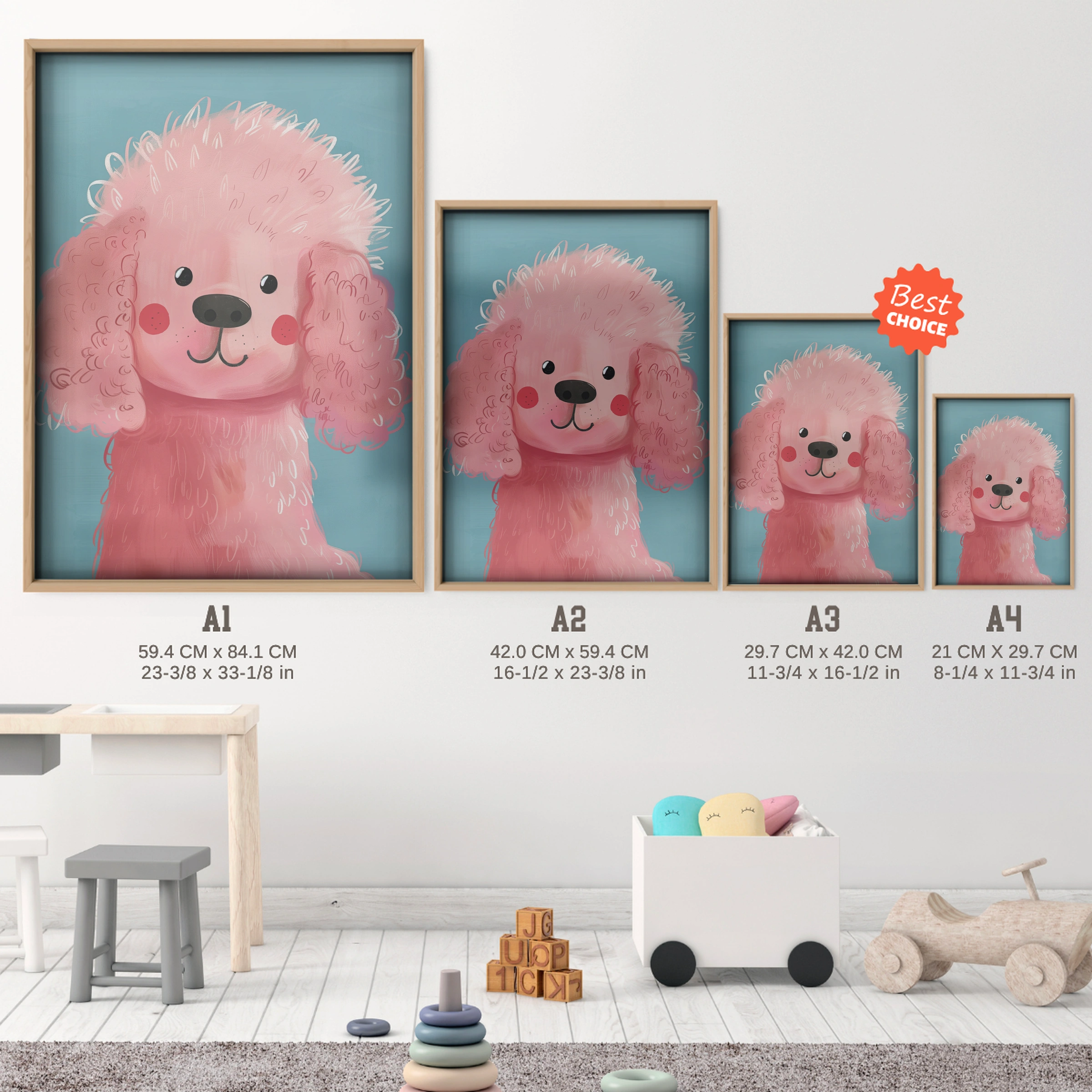 Pink Poodle Portrait Nursery Print - size guide A4 A3 A2 A1 nursery print