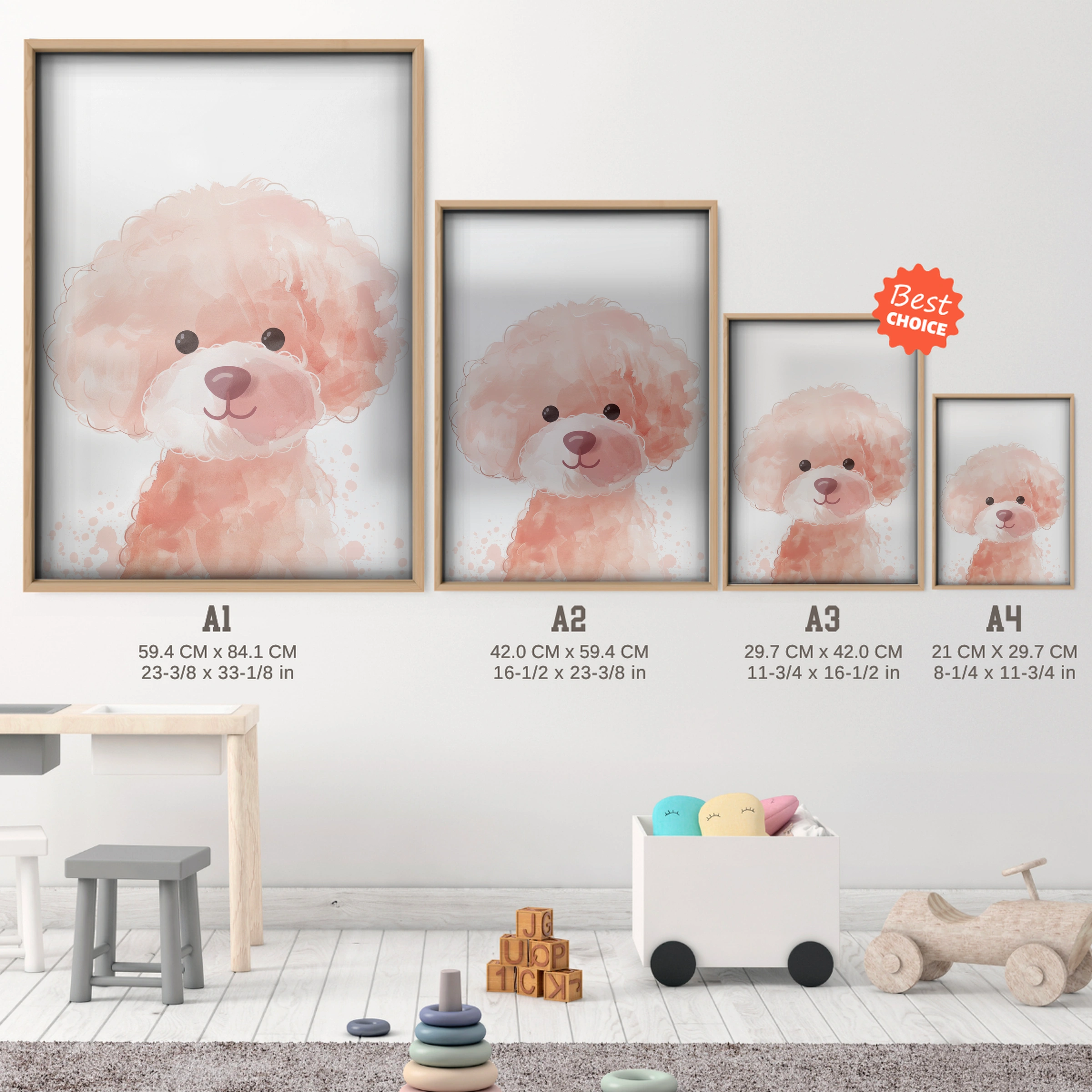 Pink Poodle Puppy Nursery Print - size guide A4 A3 A2 A1 nursery print