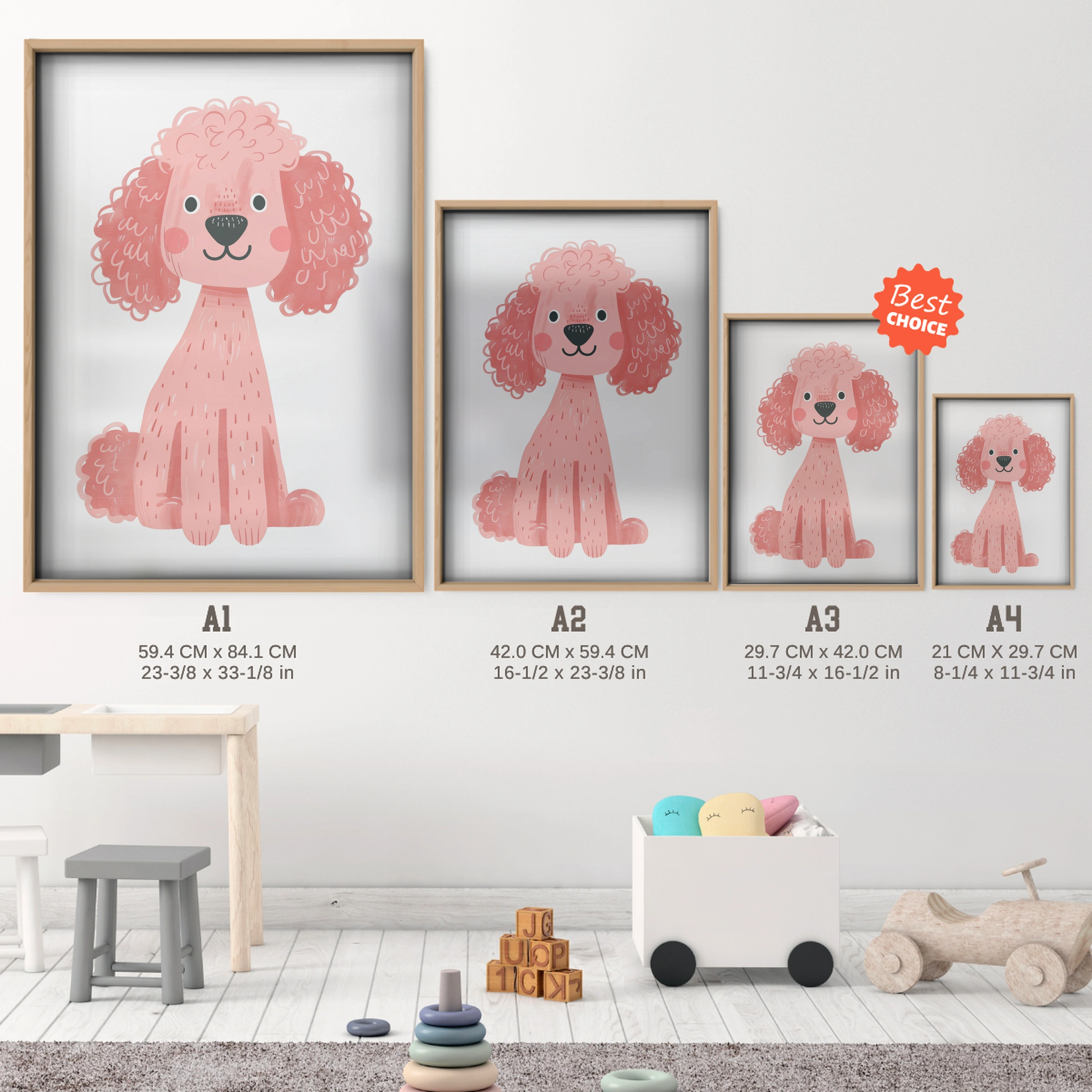 Pink Poodle Two Nursery Print - size guide A4 A3 A2 A1 nursery print