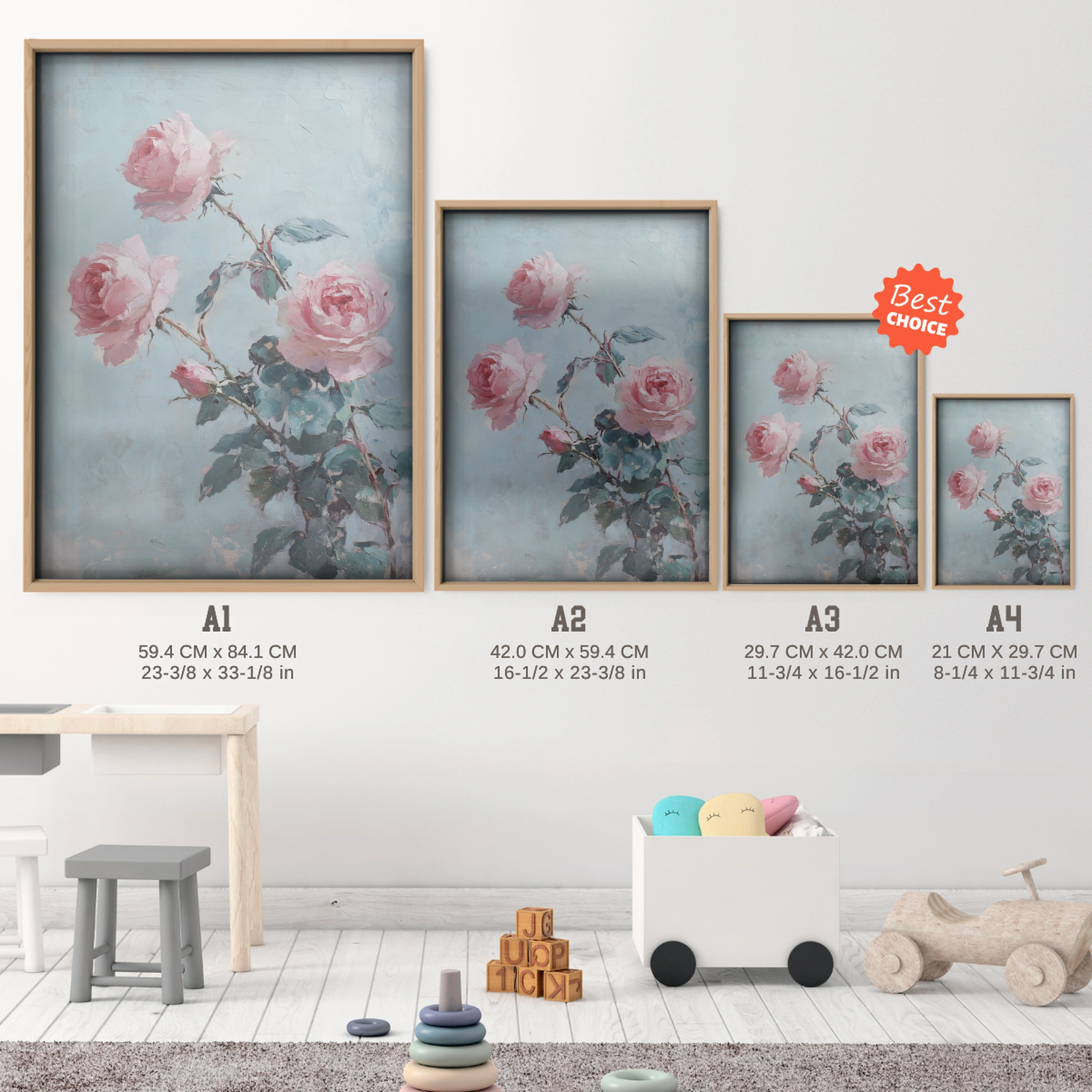 Pink Roses in Bloom Nursery Print - size guide A4 A3 A2 A1 nursery print