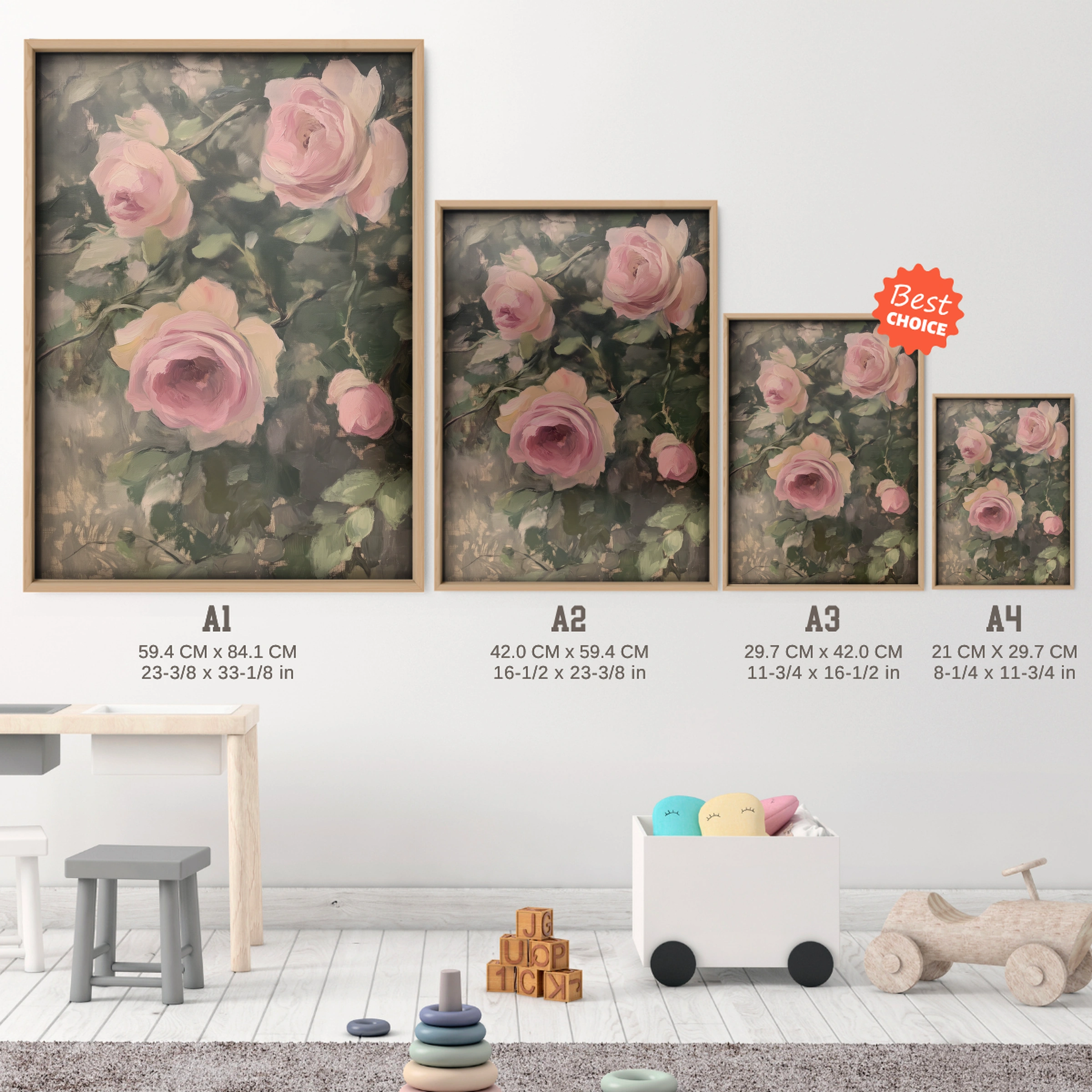 Pink Roses Nursery Print - size guide A4 A3 A2 A1 nursery print