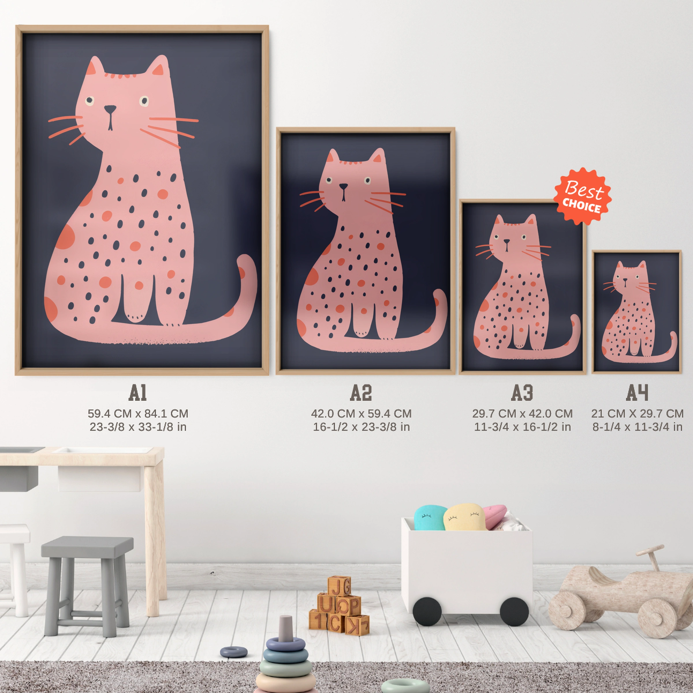 Pink Spotty Cat Nursery Print - size guide A4 A3 A2 A1 nursery print