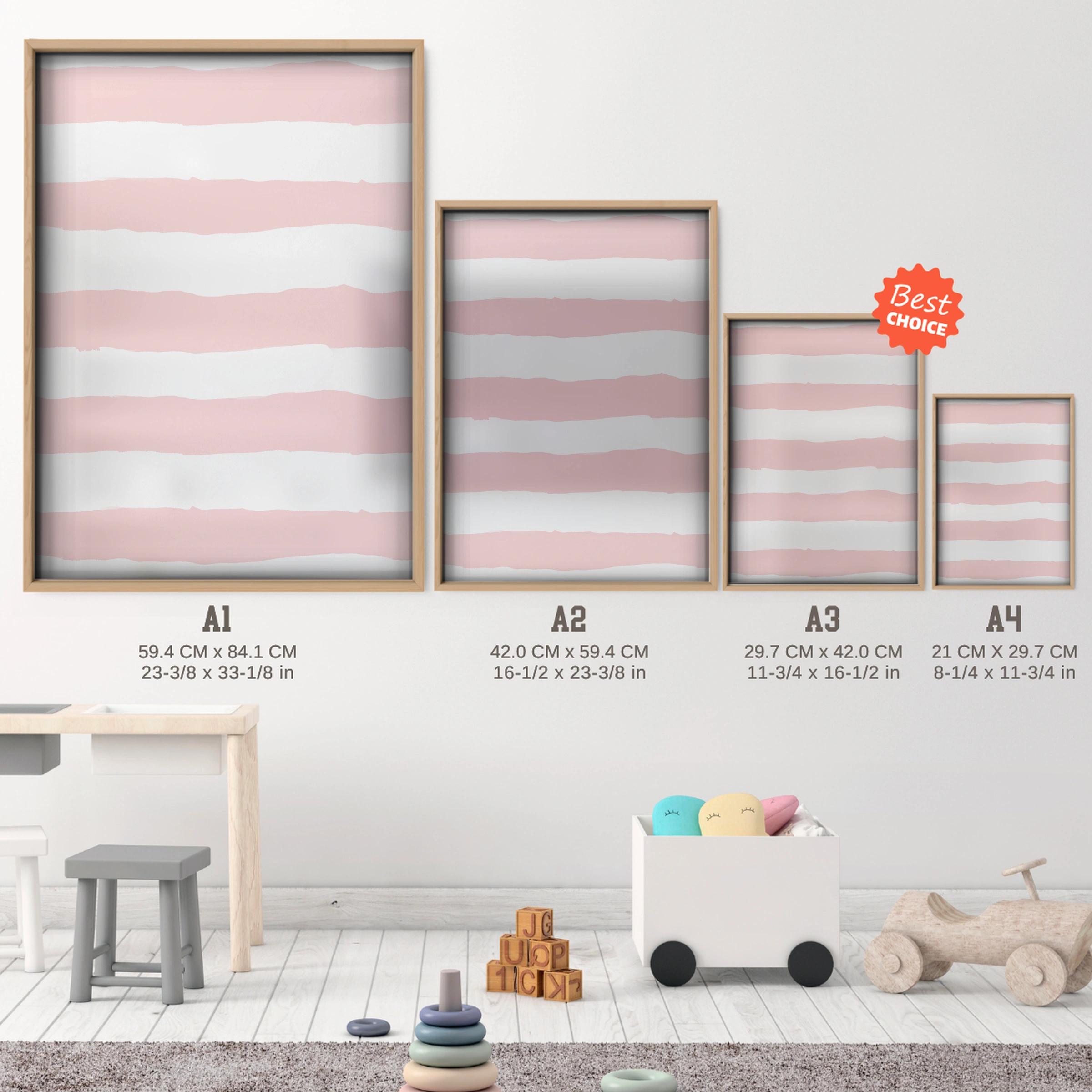 Pink Stripes Nursery Print - size guide A4 A3 A2 A1 nursery print