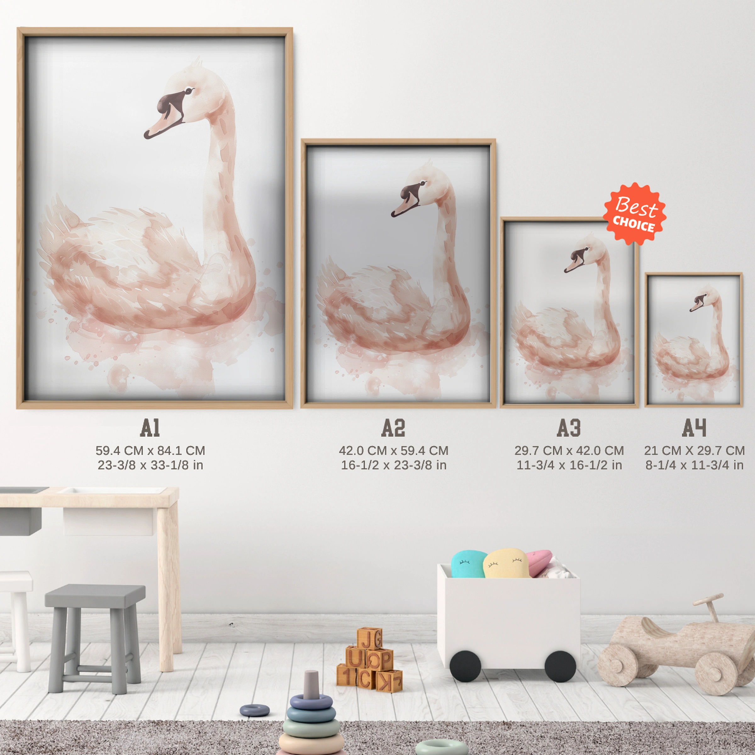 Pink Swan Nursery Print - size guide A4 A3 A2 A1 nursery print