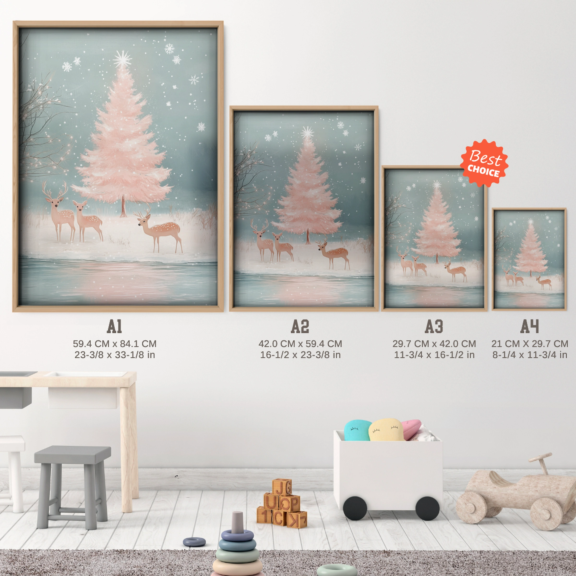 Pink Tree with Deer Christmas Print - size guide A4 A3 A2 A1 nursery print