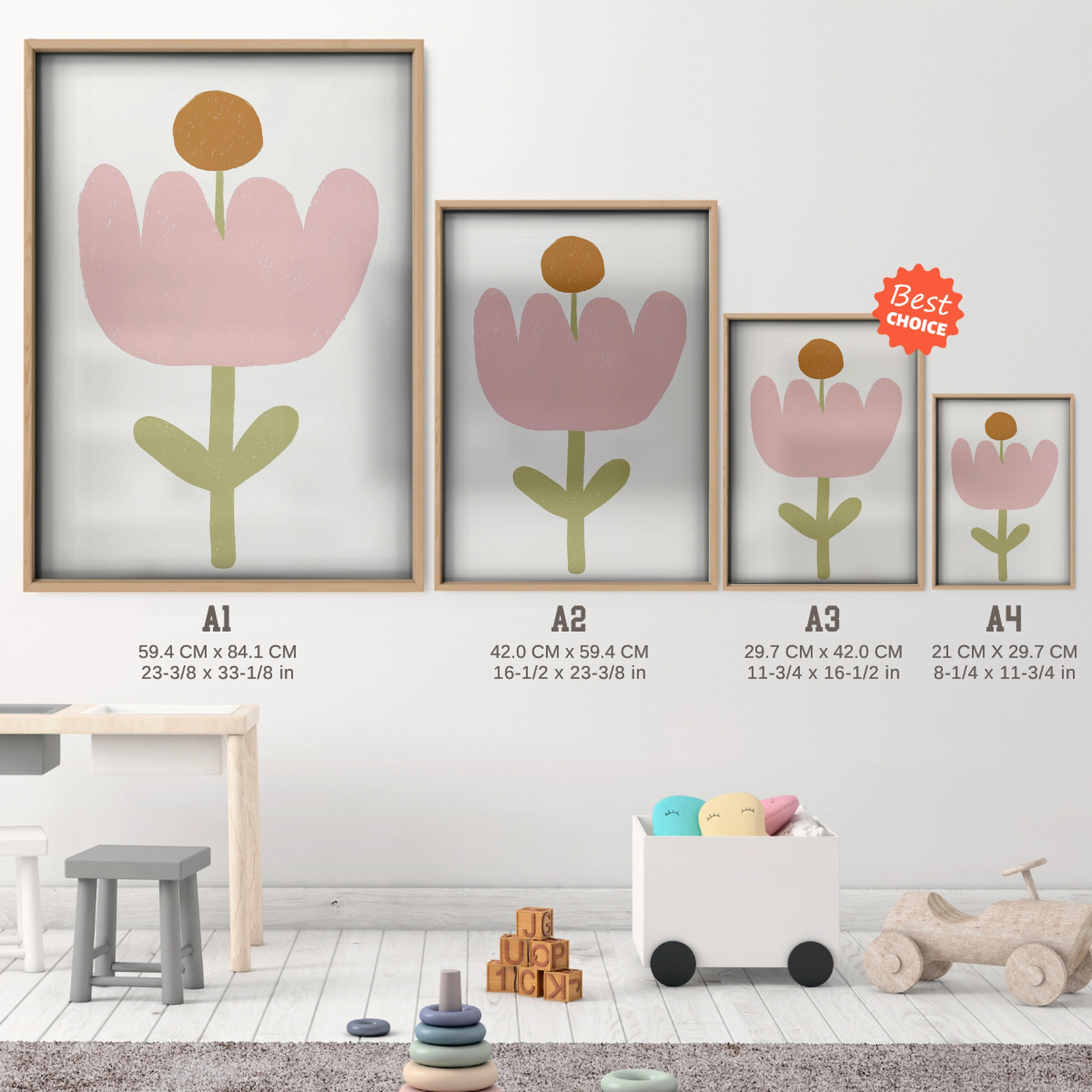 Pink Tulip Nursery Print - size guide A4 A3 A2 A1 nursery print