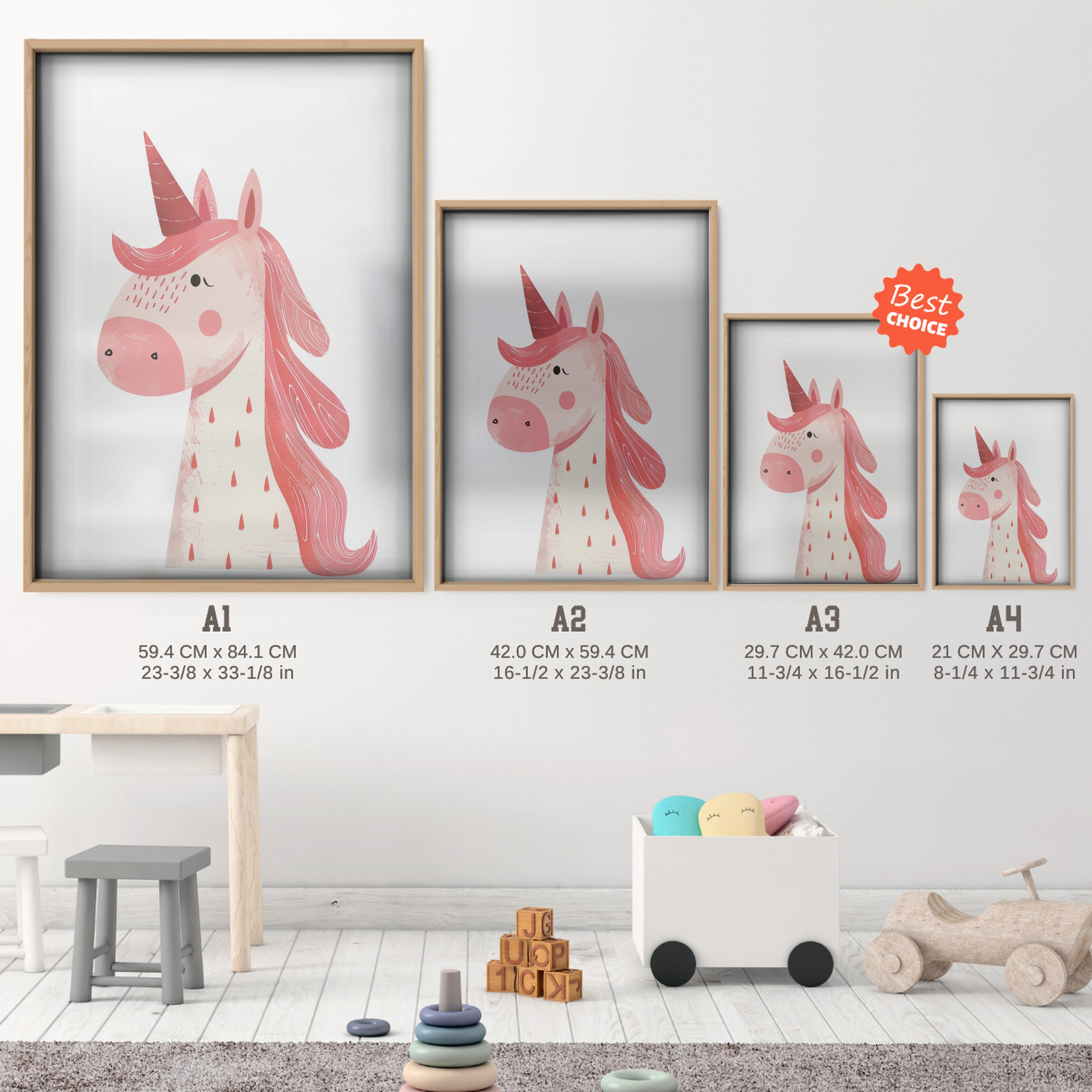 Pink Unicorn Nursery Print - size guide A4 A3 A2 A1 nursery print