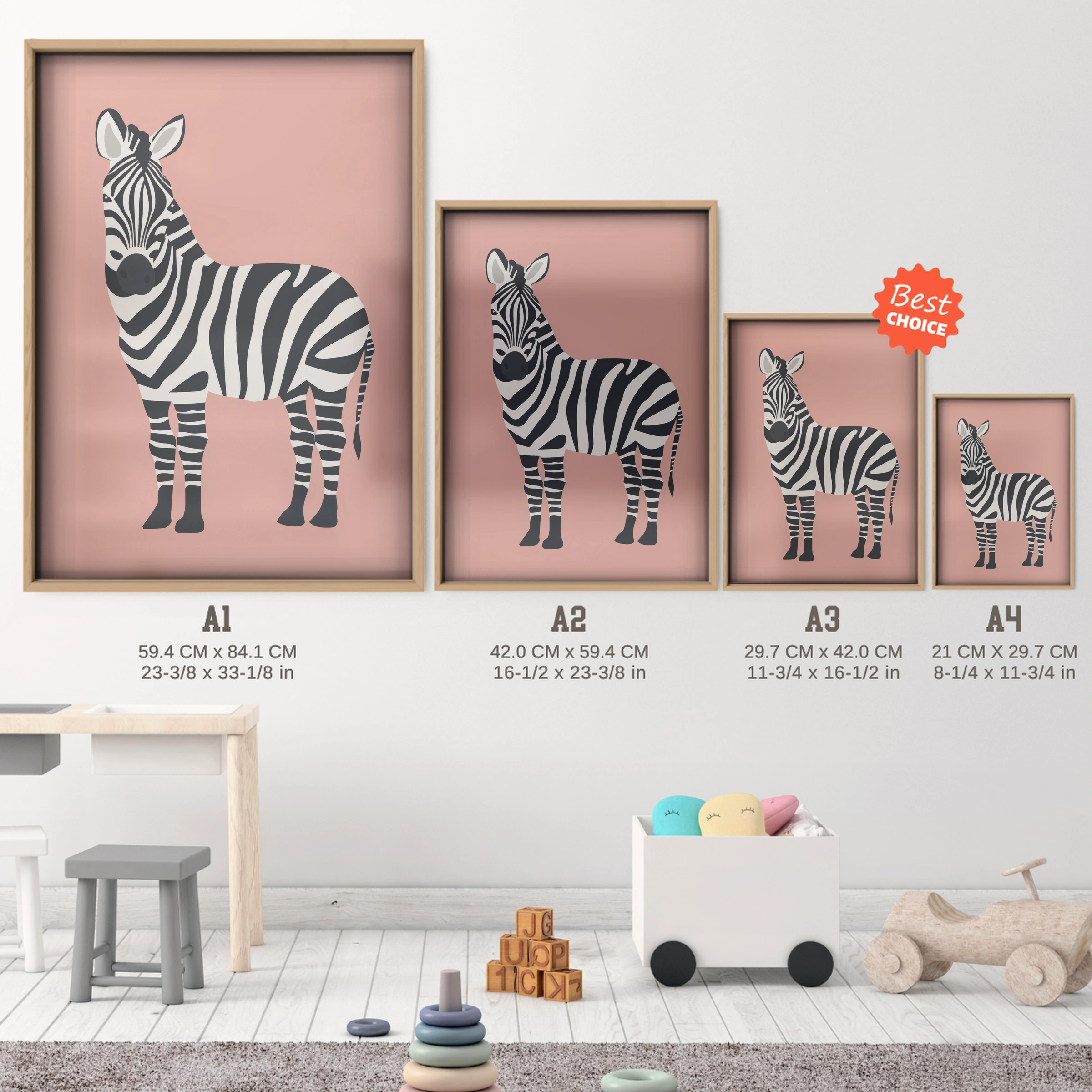 Pink Zebra Nursery Print - size guide A4 A3 A2 A1 nursery print