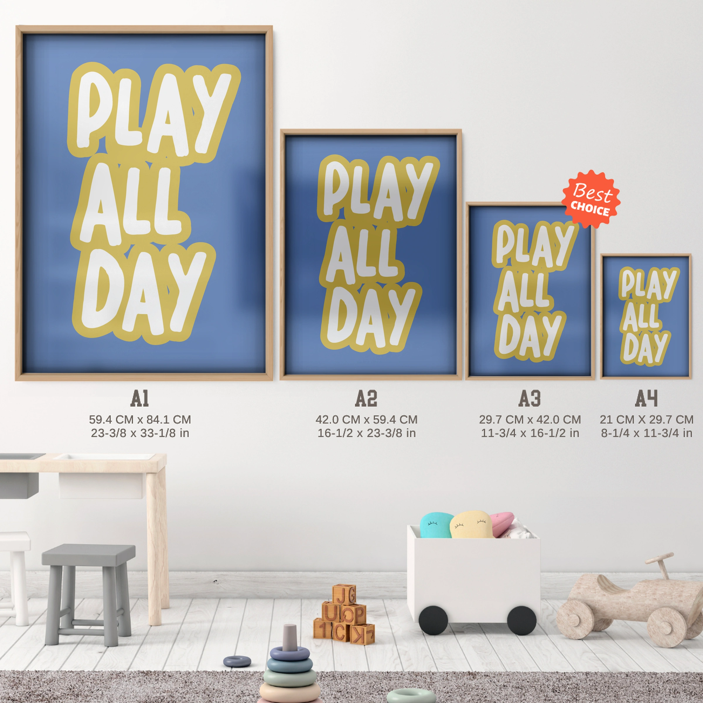 Play All Day Bold Nursery Print - size guide A4 A3 A2 A1 nursery print