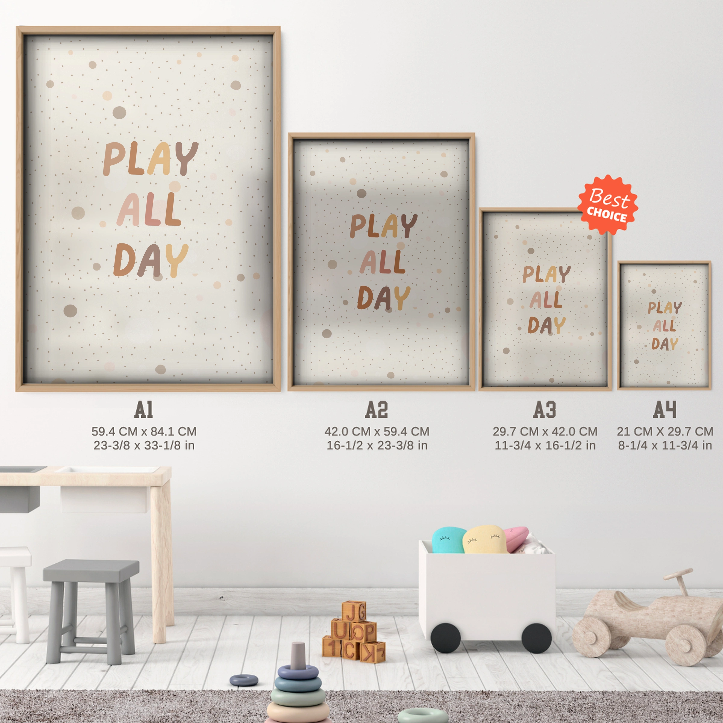 Play All Day Stars Nursery Print - size guide A4 A3 A2 A1 nursery print