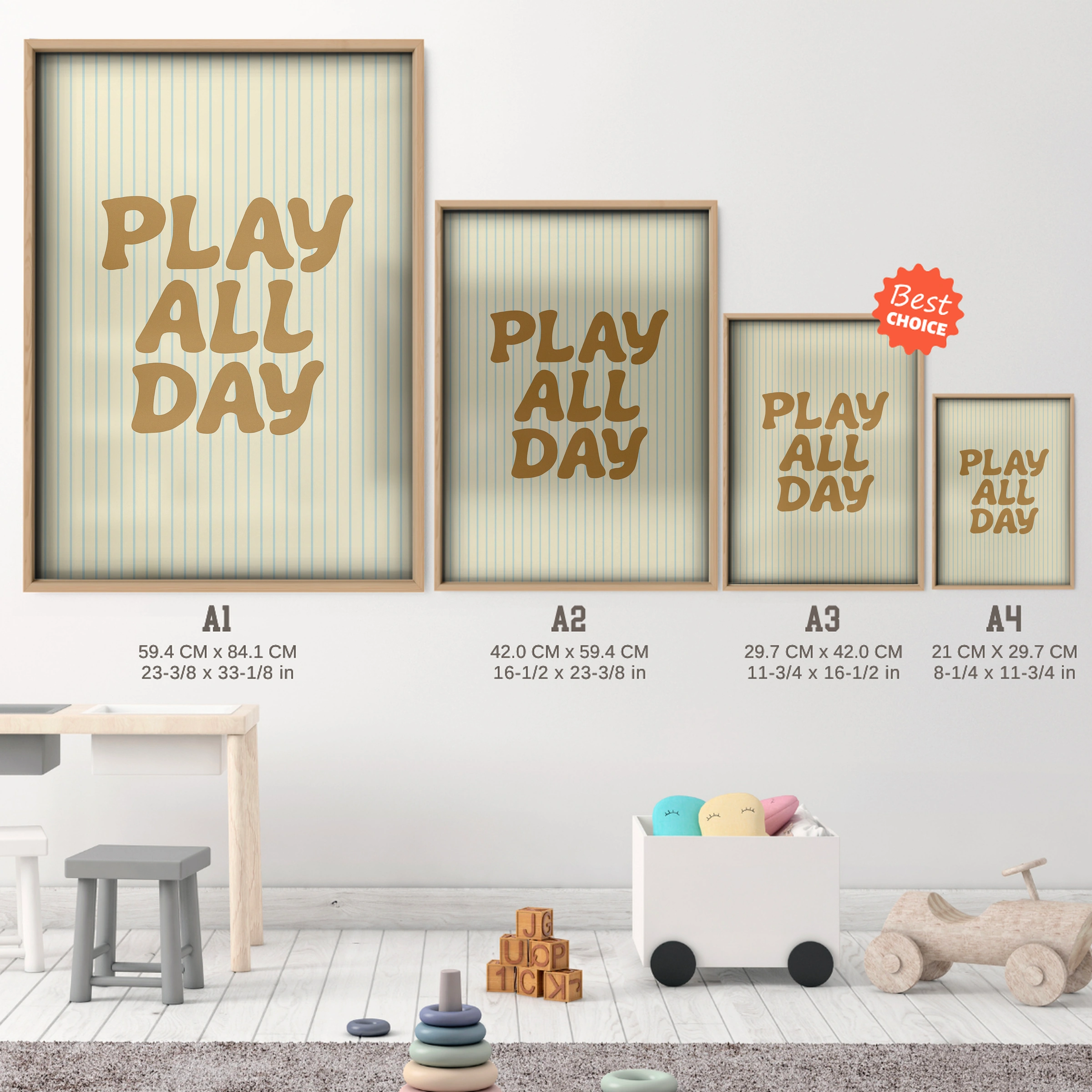 Play All Day Two Nursery Print - size guide A4 A3 A2 A1 nursery print
