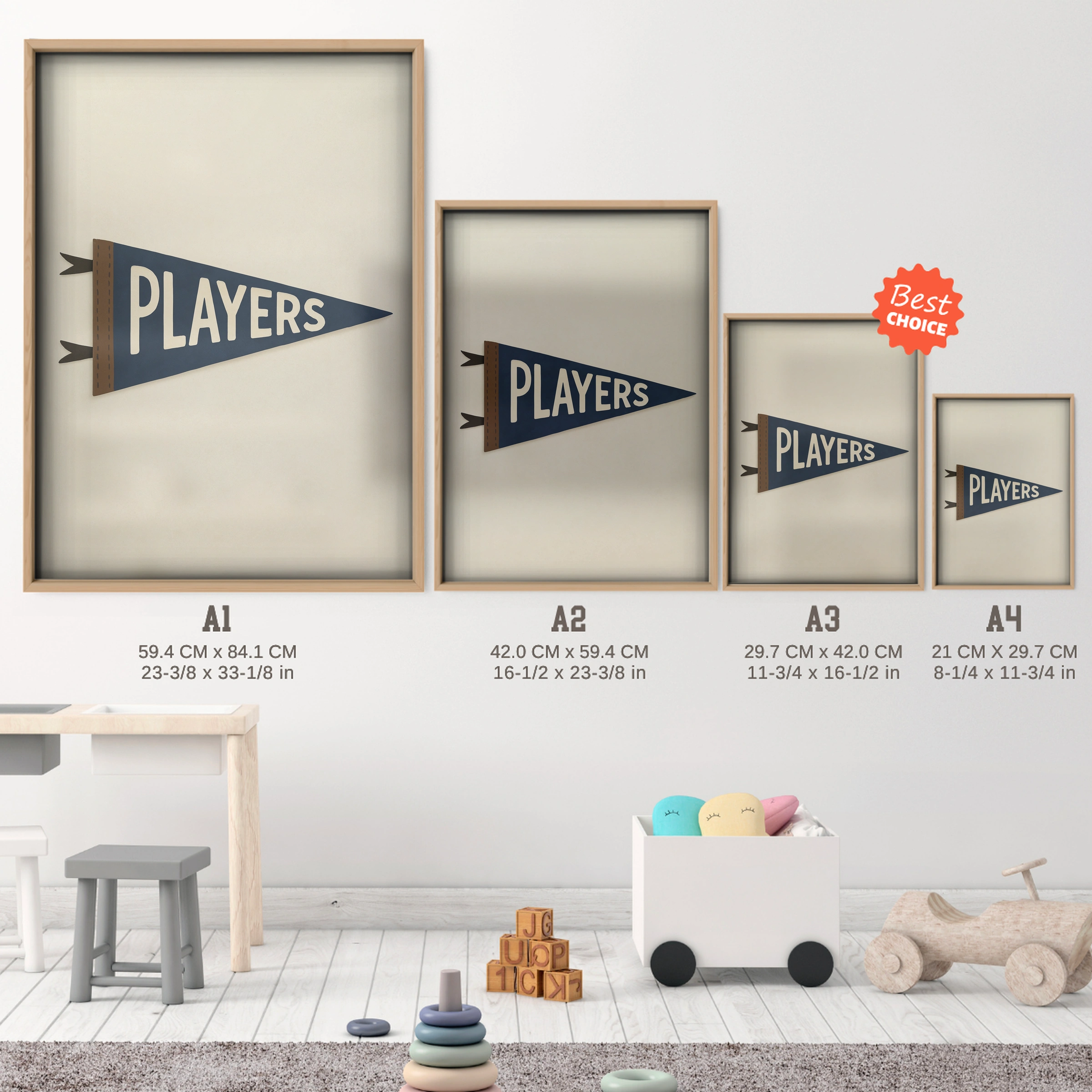 Players Pennant Nursery Print - size guide A4 A3 A2 A1 nursery print