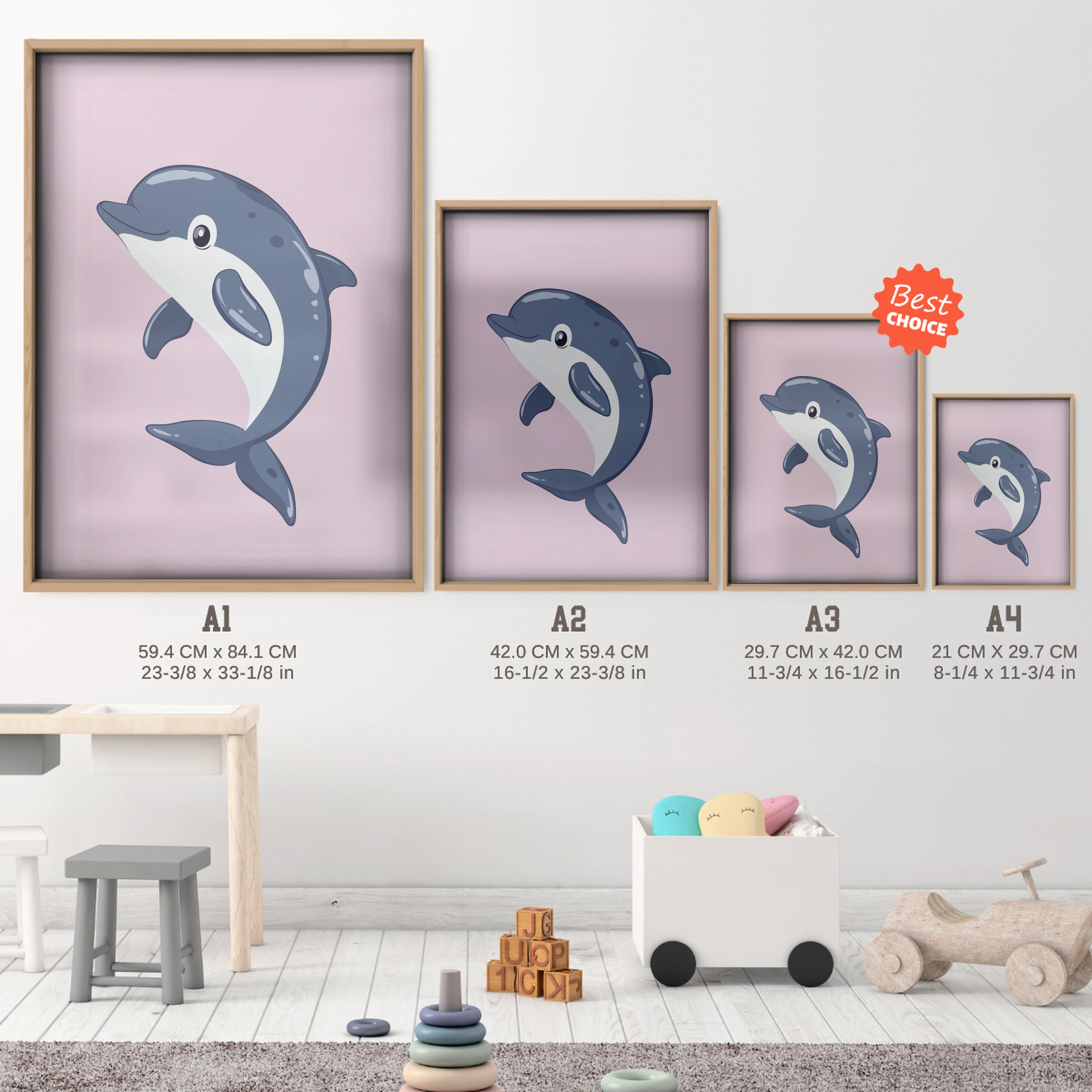 Playful Dolphin Nursery Print - size guide A4 A3 A2 A1 nursery print