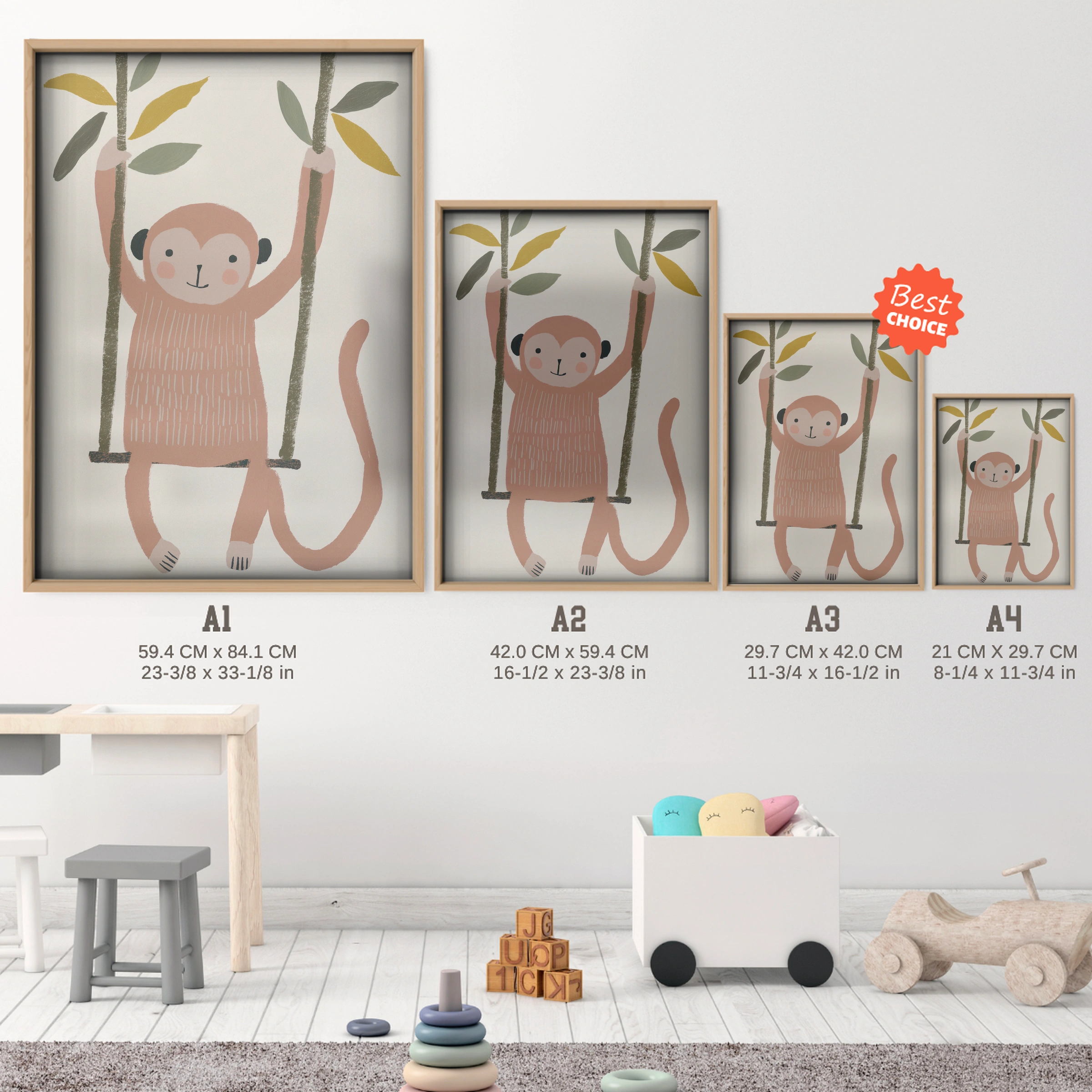 Playful Monkey Nursery Print - size guide A4 A3 A2 A1 nursery print