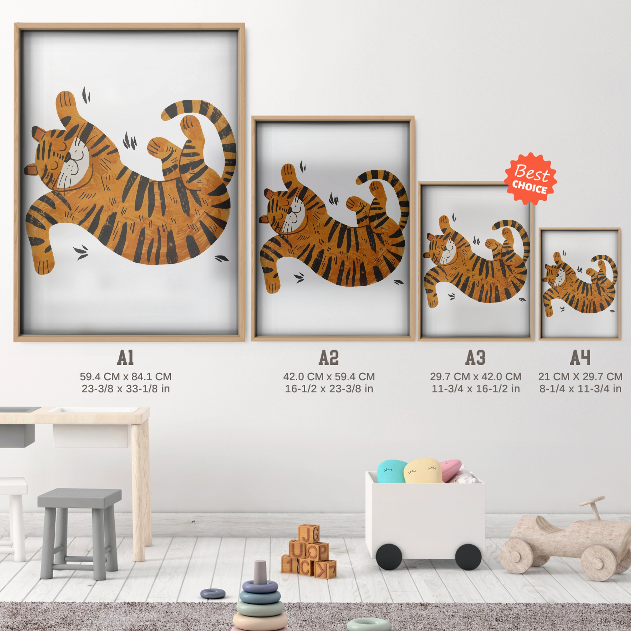 Playful Tiger Nursery Print - size guide A4 A3 A2 A1 nursery print