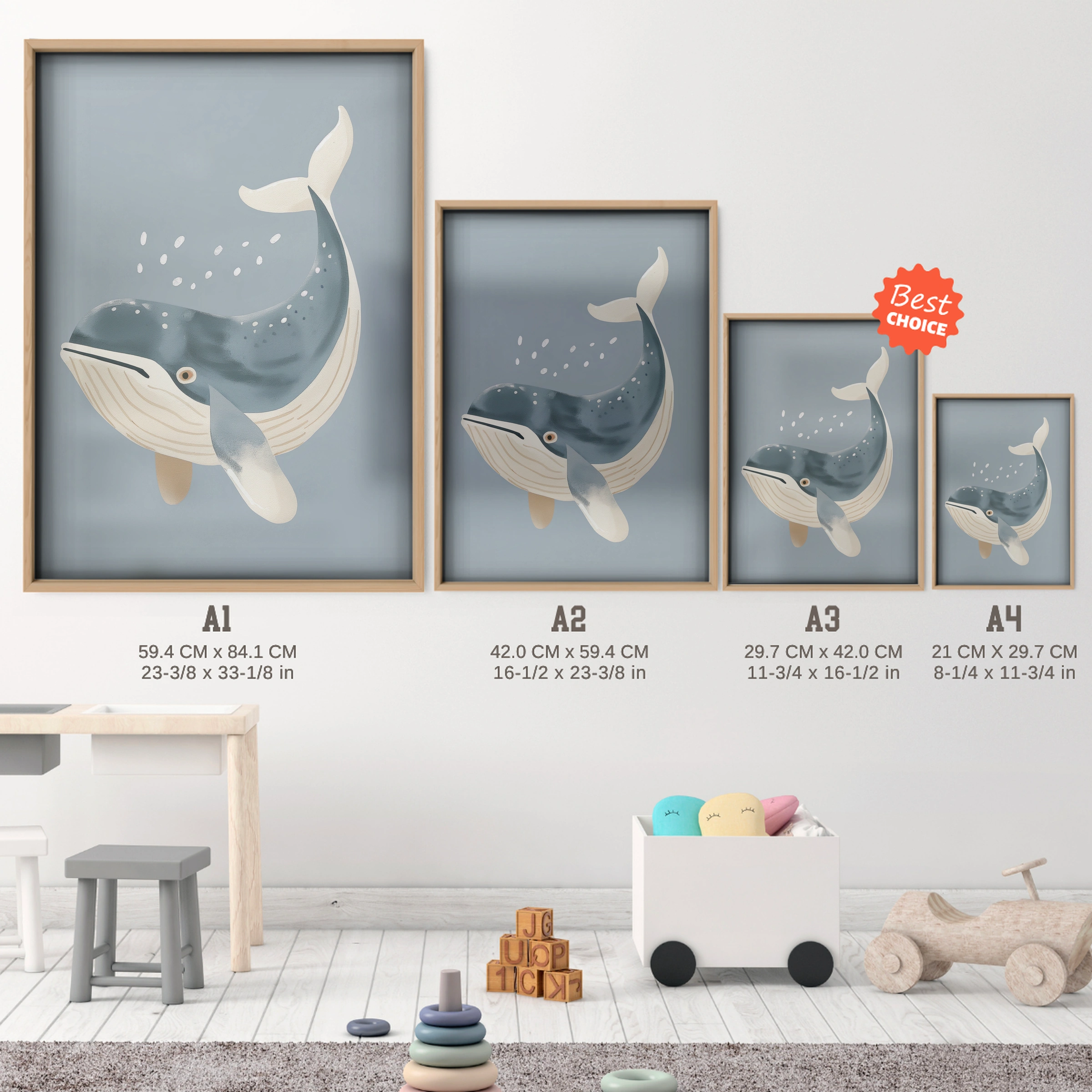 Playful Whale Nursery Print - size guide A4 A3 A2 A1 nursery print