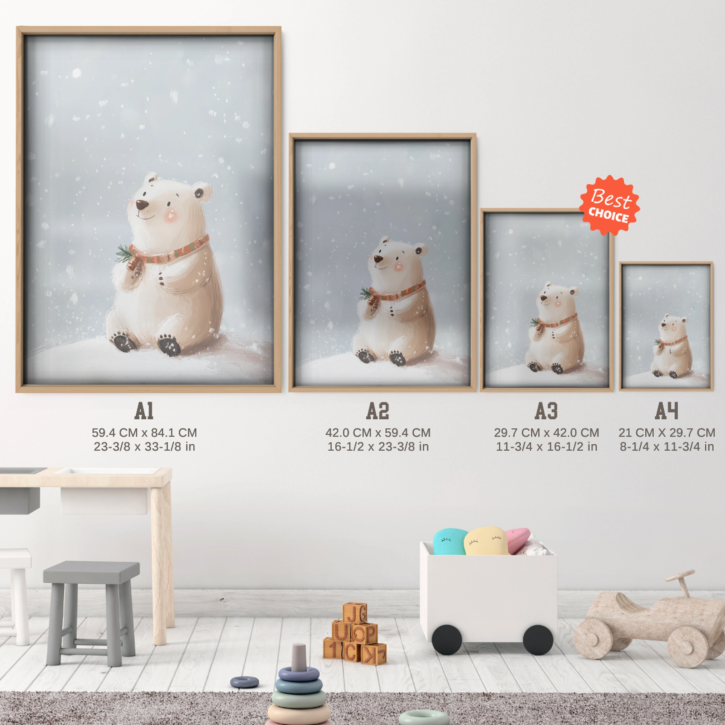 Polar Bear Christmas Print - size guide A4 A3 A2 A1 nursery print