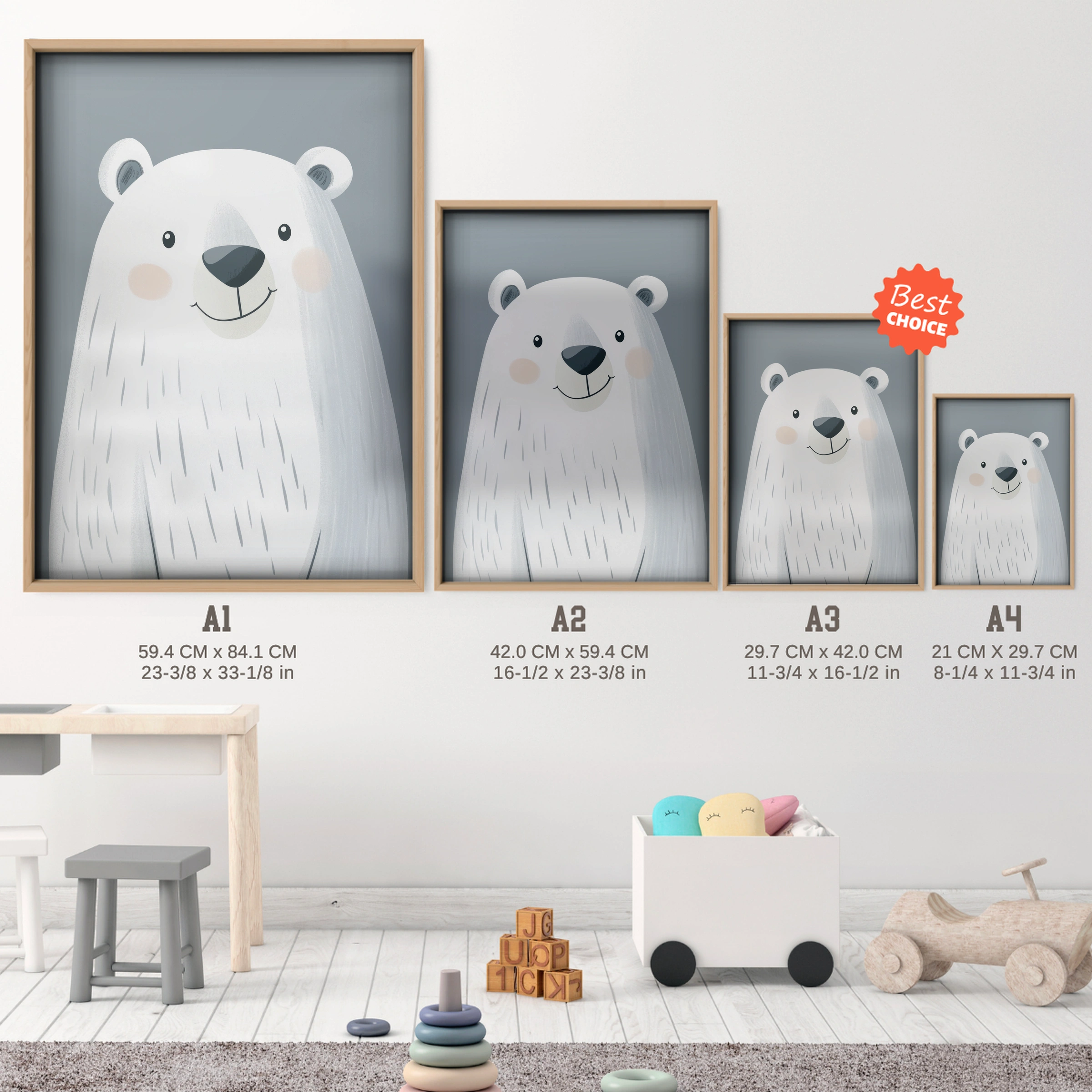 Polar Bear Face Christmas Print - size guide A4 A3 A2 A1 nursery print