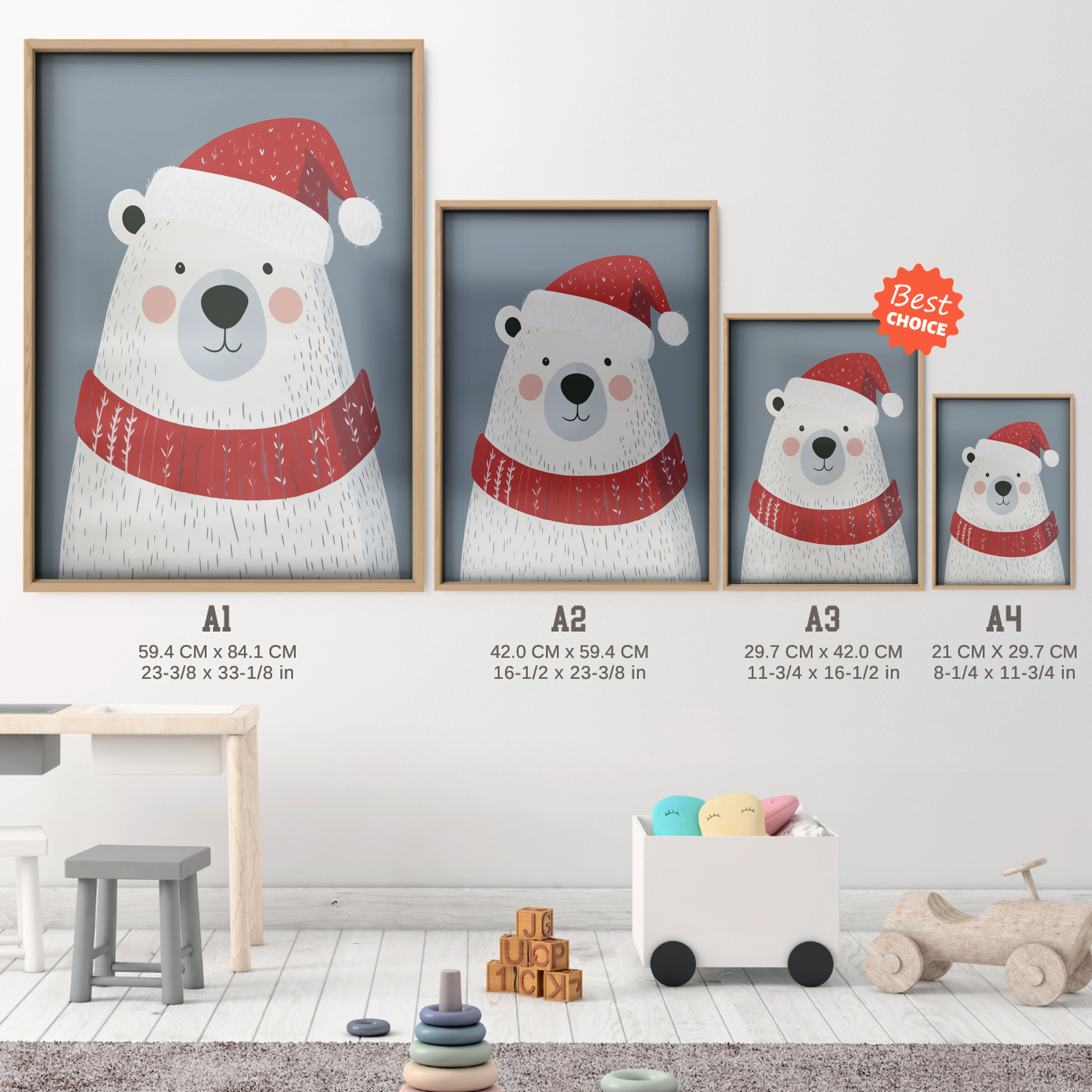 Polar Bear in a Santa Hat Christmas Print - size guide A4 A3 A2 A1 nursery print