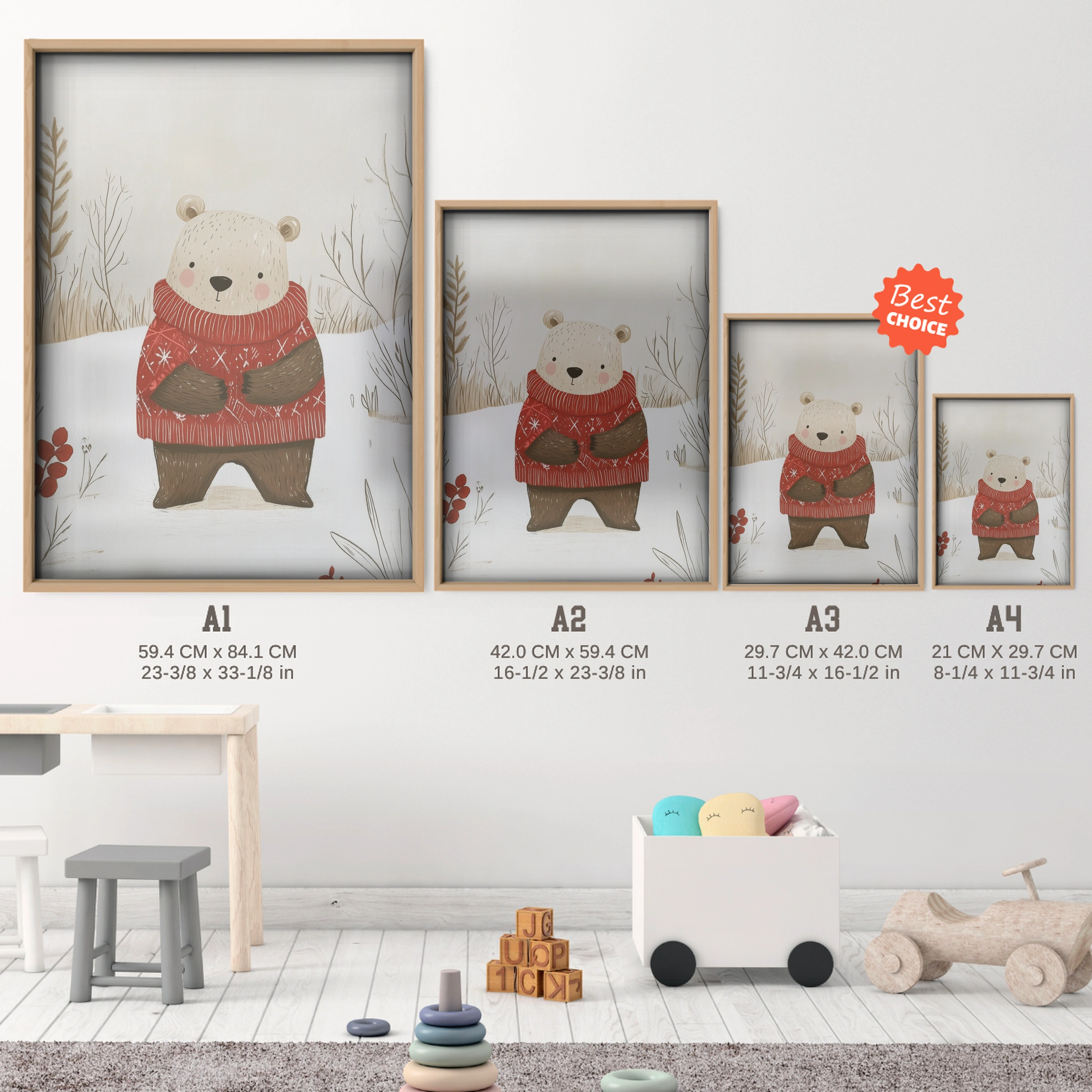 Polar Bear in a Sweater Christmas Print - size guide A4 A3 A2 A1 nursery print