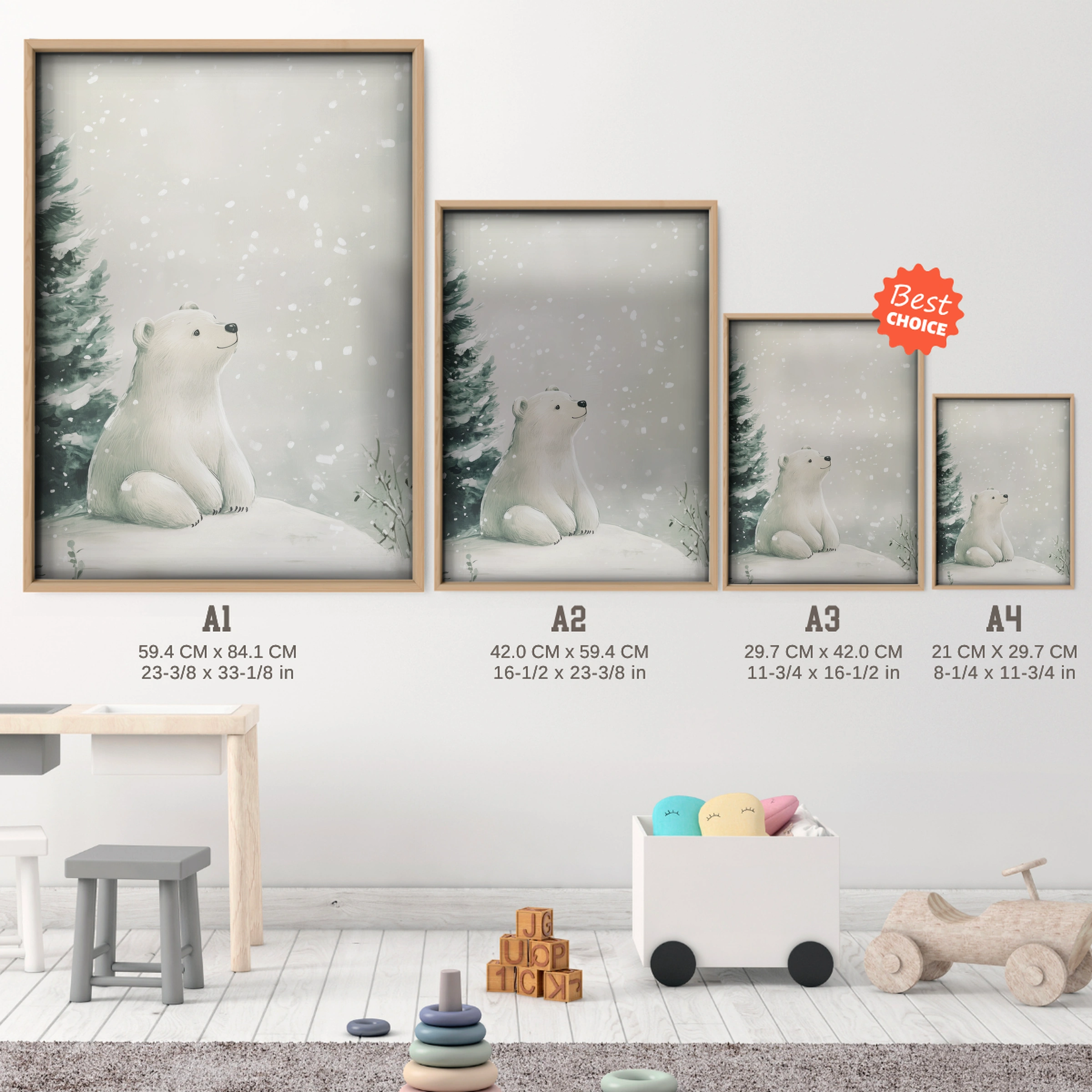Polar Bear in the Forest Christmas Print - size guide A4 A3 A2 A1 nursery print