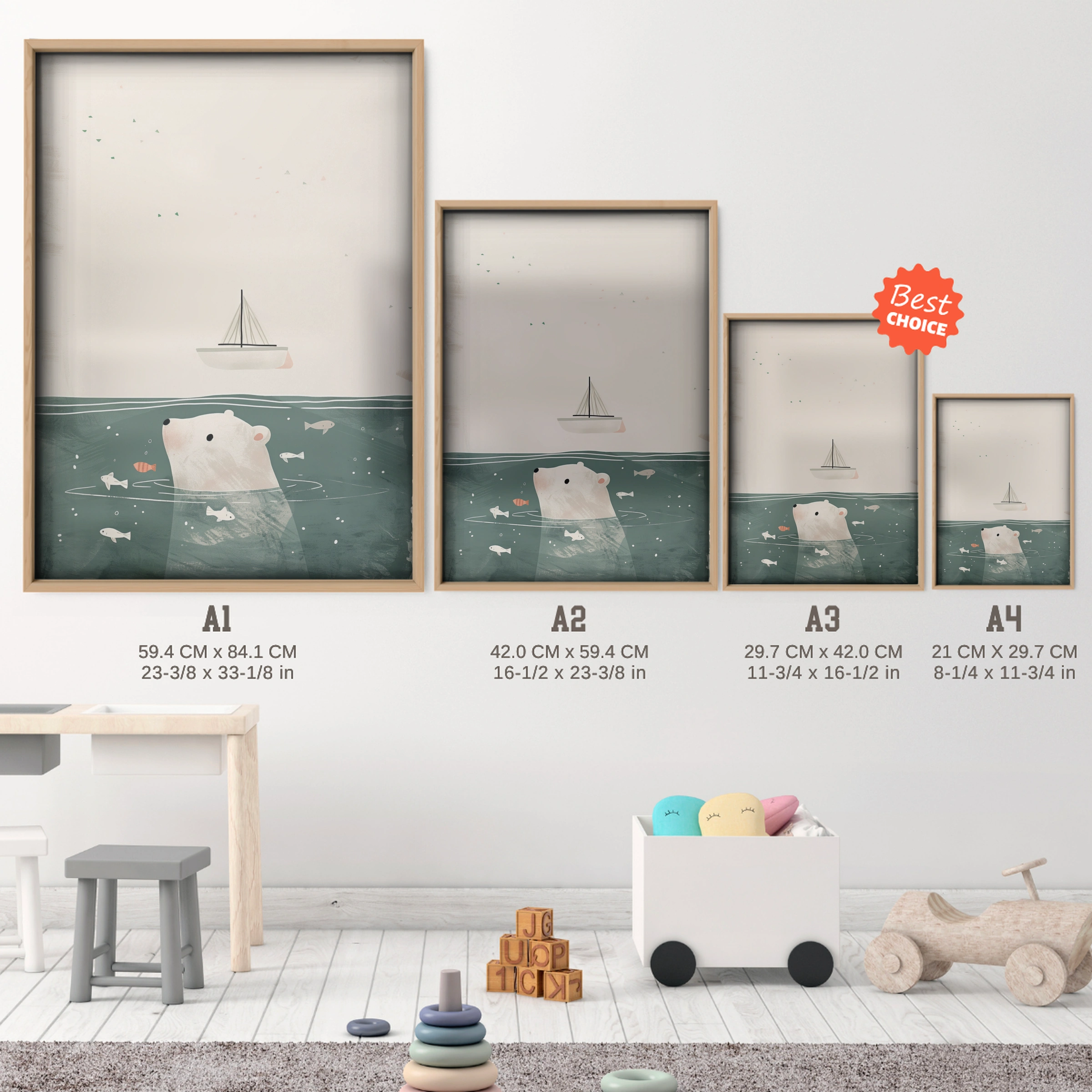 Polar Bear in the Sea Nursery Print - size guide A4 A3 A2 A1 nursery print