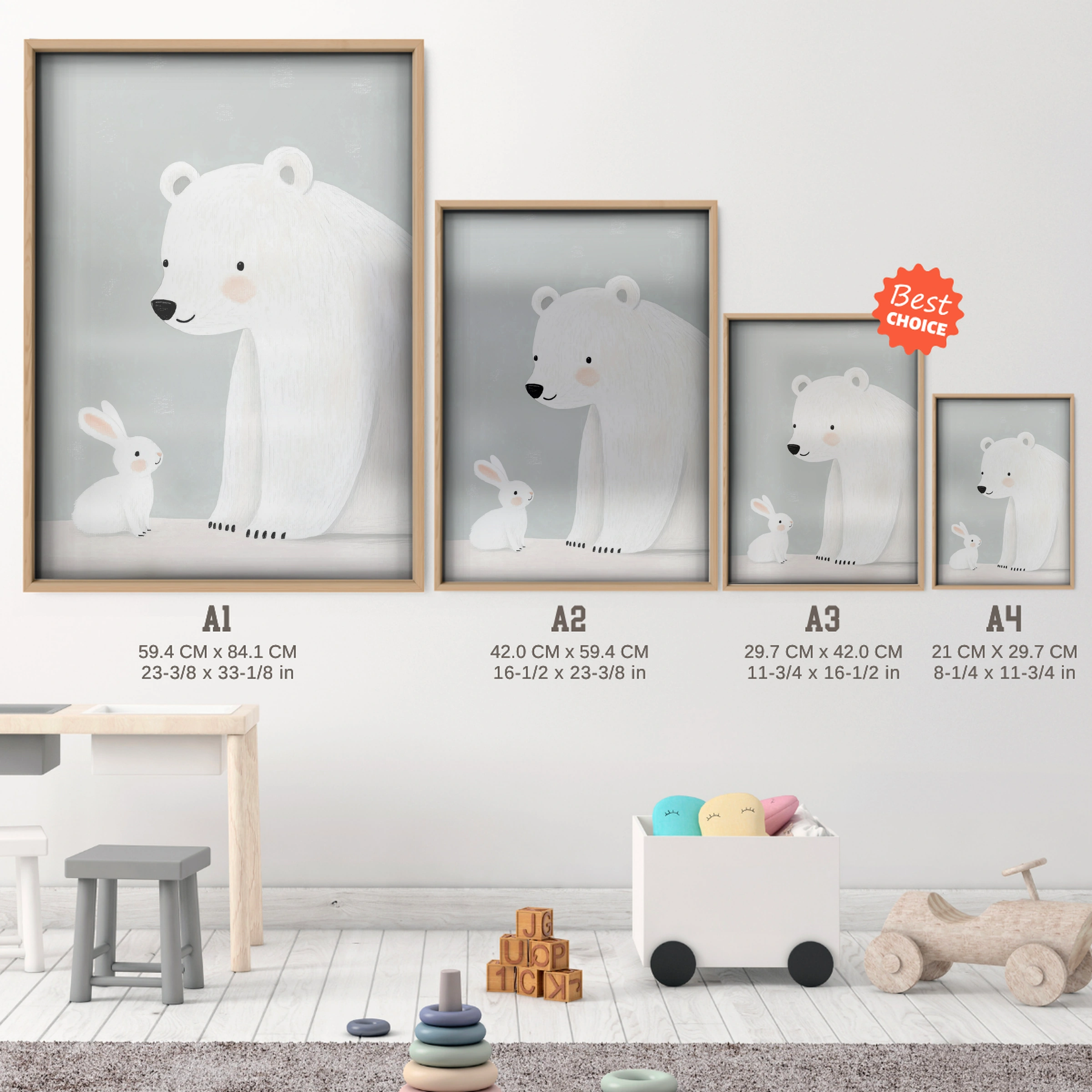 Polar Bear Nursery Print - size guide A4 A3 A2 A1 nursery print