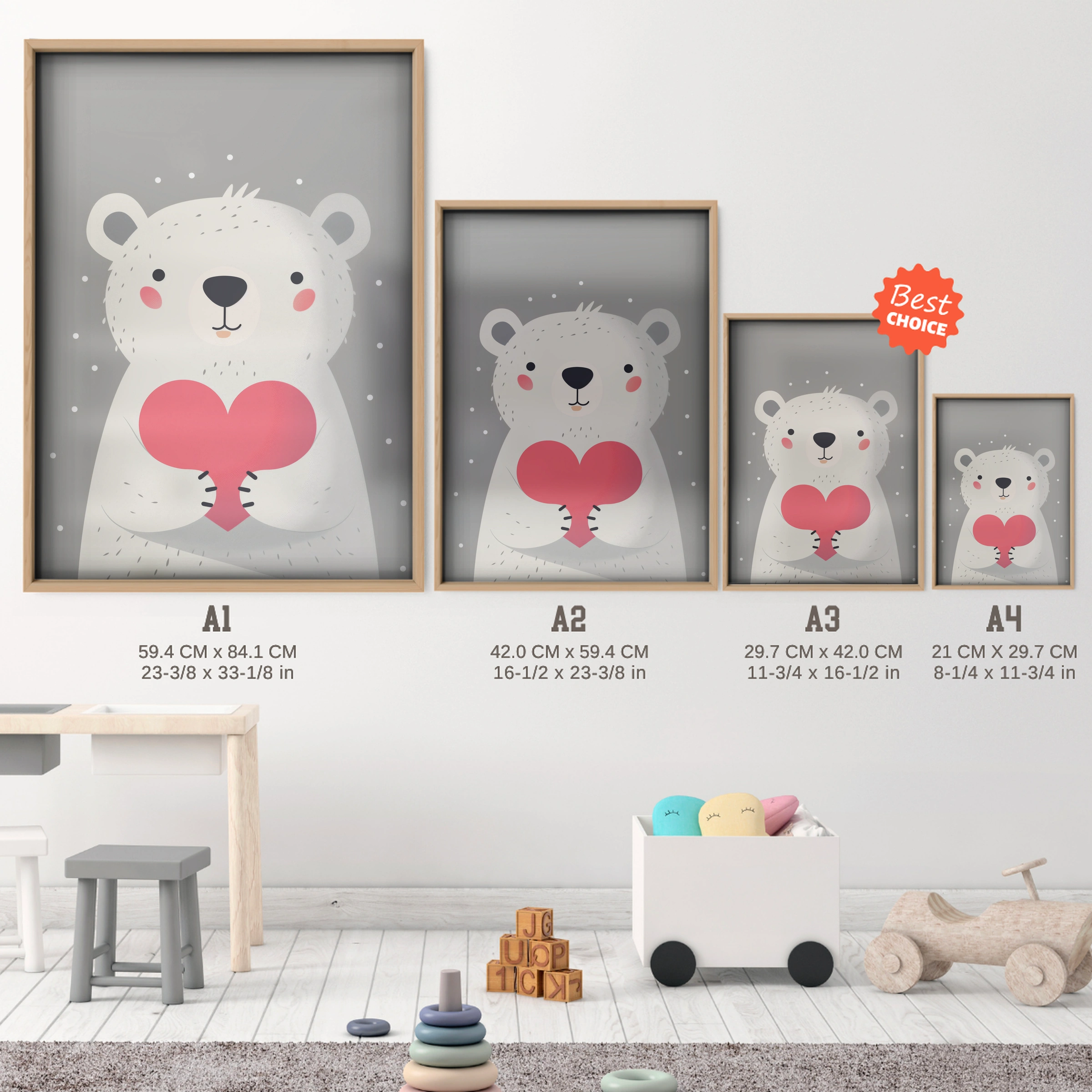 Polar Bear with a Heart Nursery Print - size guide A4 A3 A2 A1 nursery print