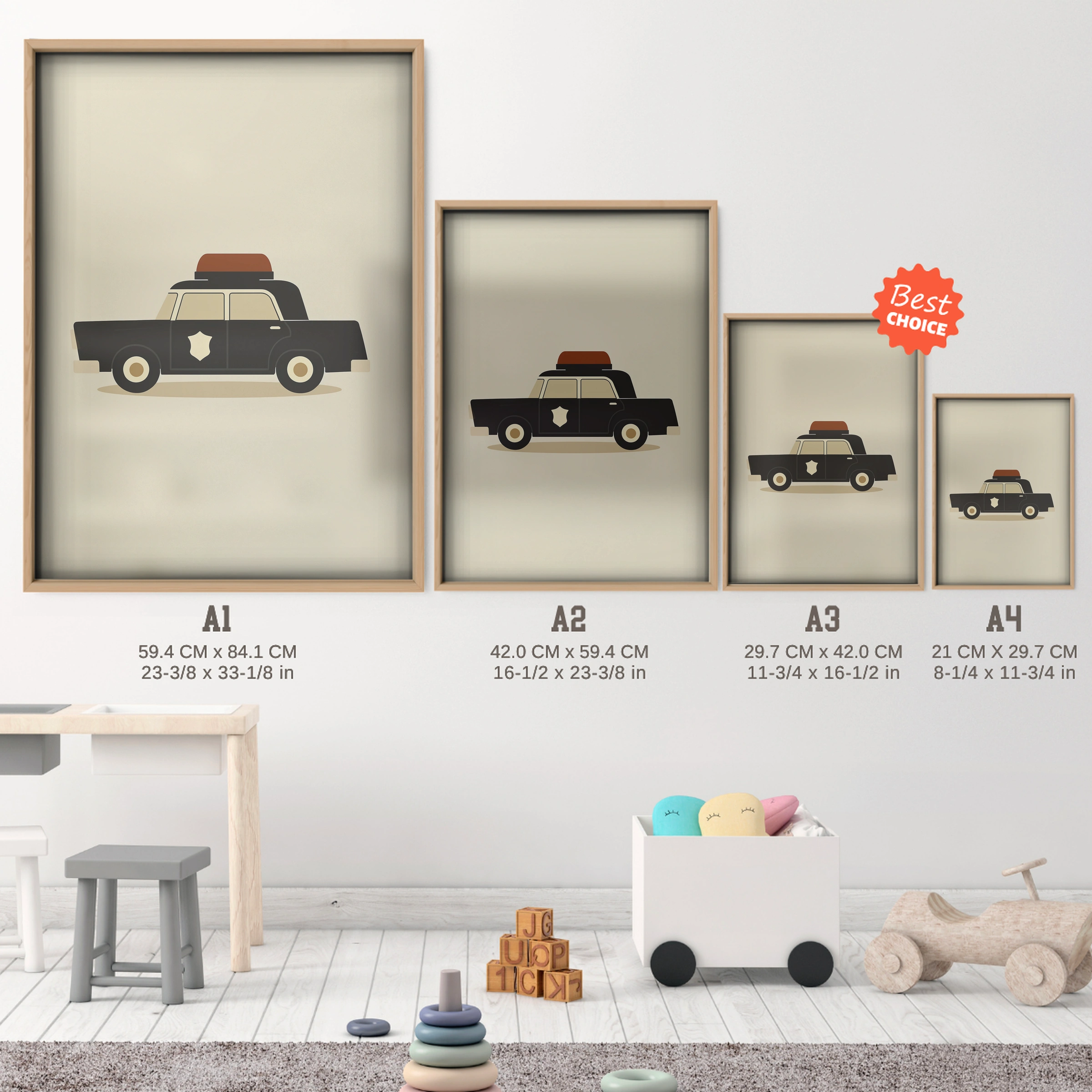 Police Cruiser Nursery Print - size guide A4 A3 A2 A1 nursery print