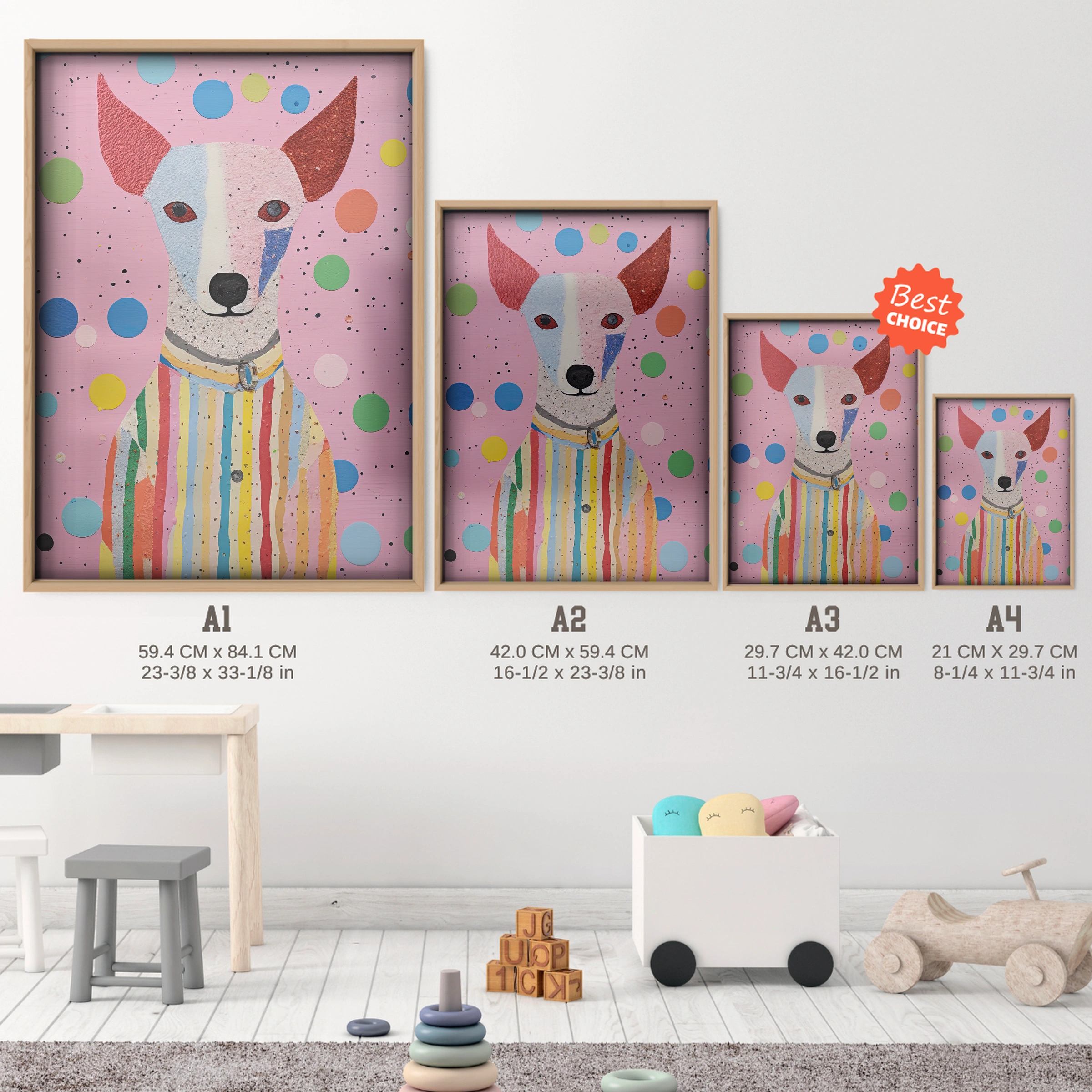 Polka Dot Dog Nursery Print - size guide A4 A3 A2 A1 nursery print