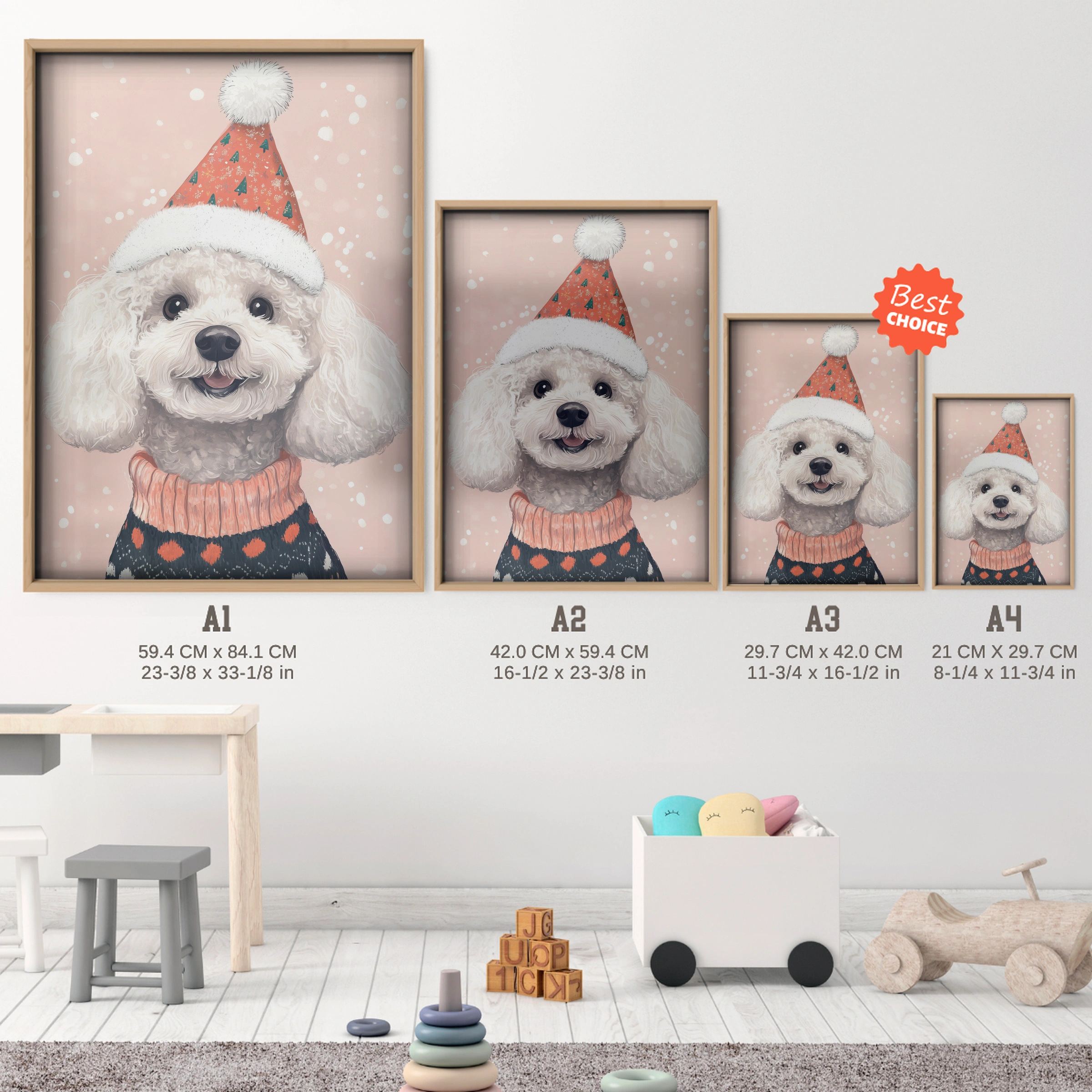 Poodle in a Santa Hat Christmas Print - size guide A4 A3 A2 A1 nursery print
