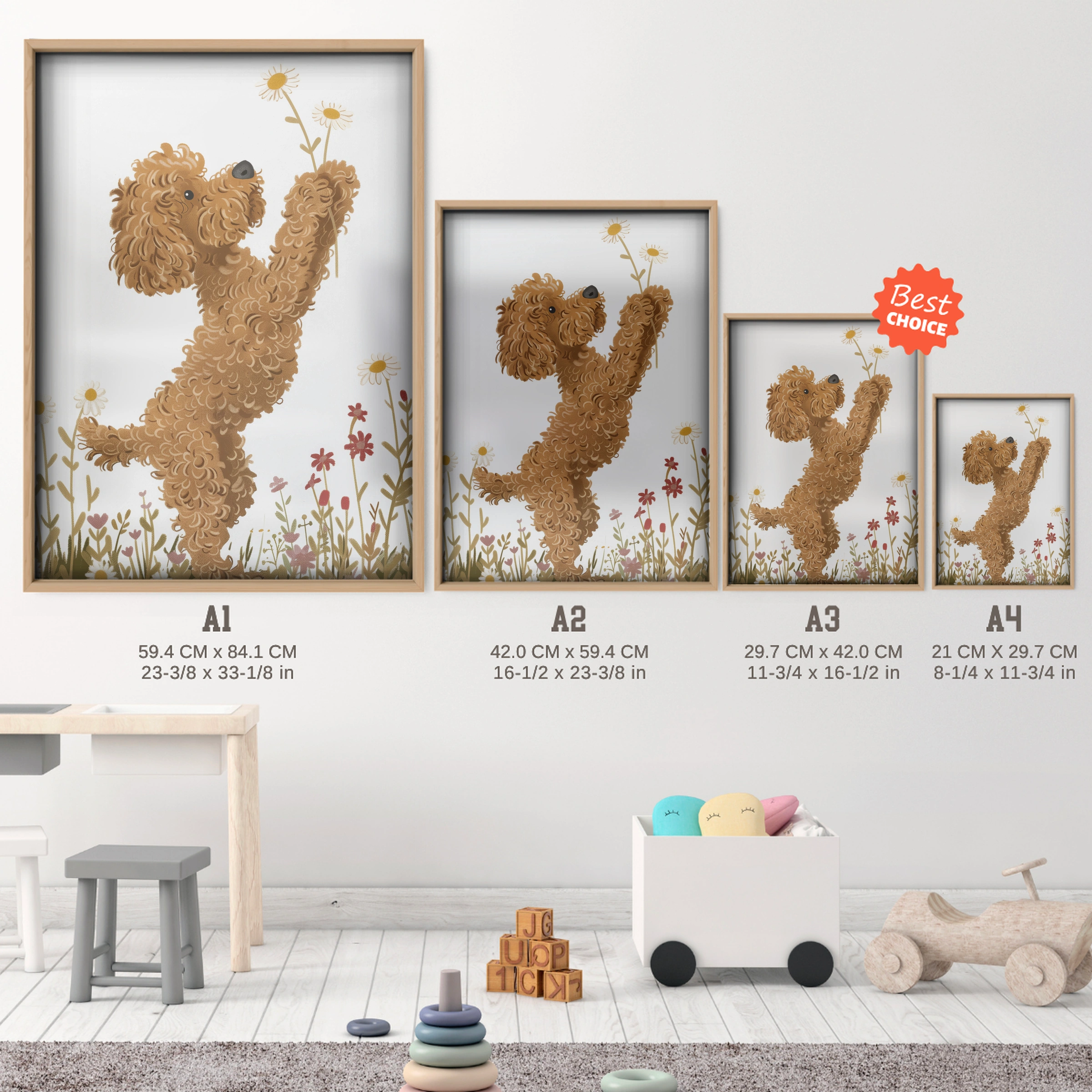Poodle in Flowers Nursery Print - size guide A4 A3 A2 A1 nursery print